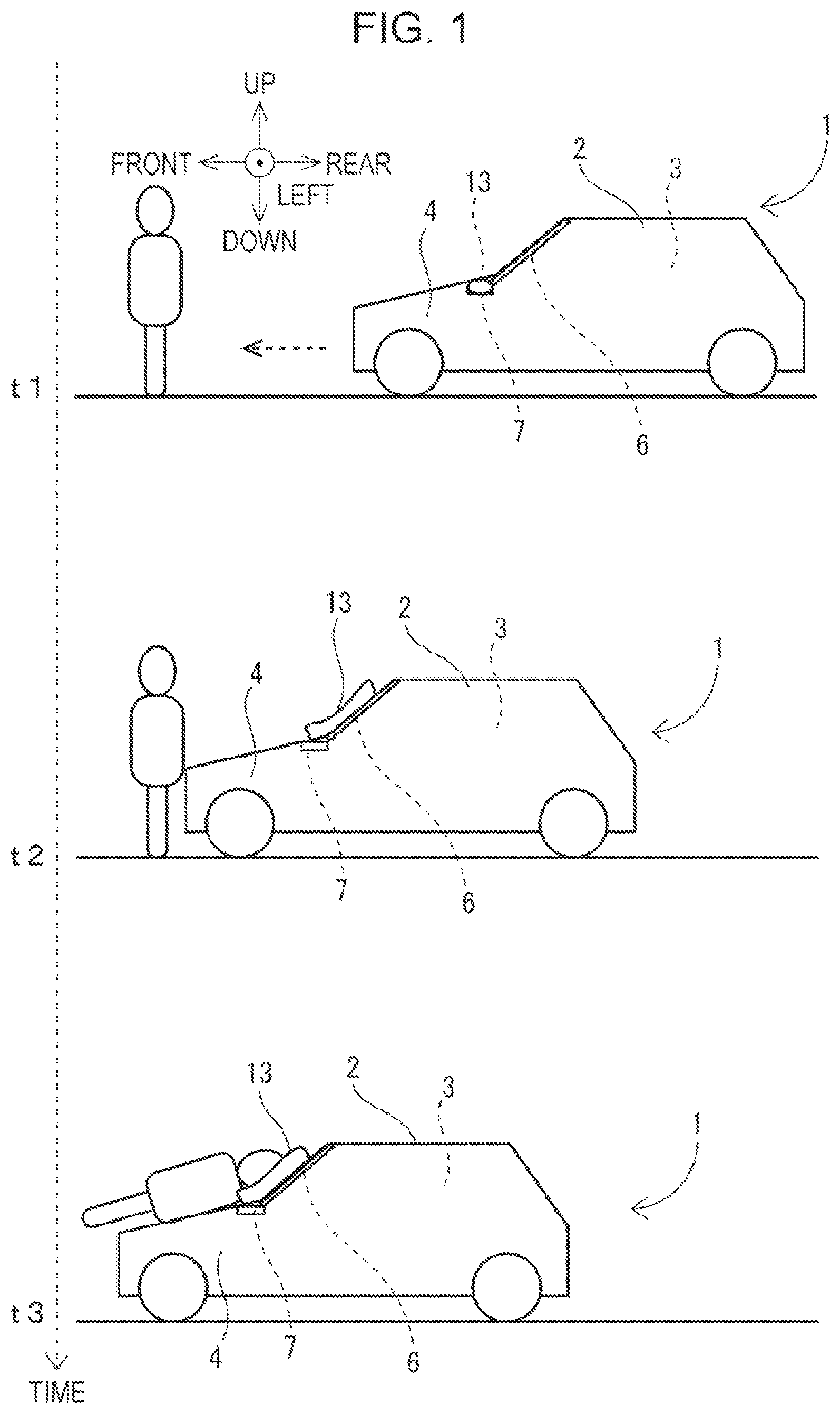 Patent US12403861 Figure 1 – Vehicle external airbag device for vehicle