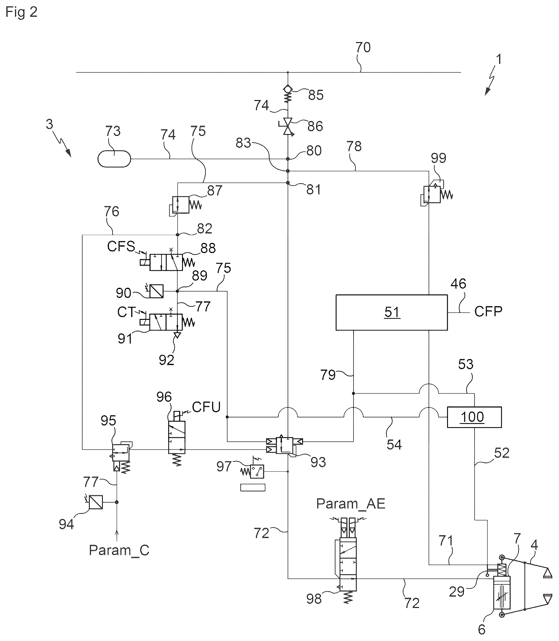 Patent US12403885 Figure 2 – Vehicle braking system comprising a parking brake indicator device and vehicle provided with such a braking system