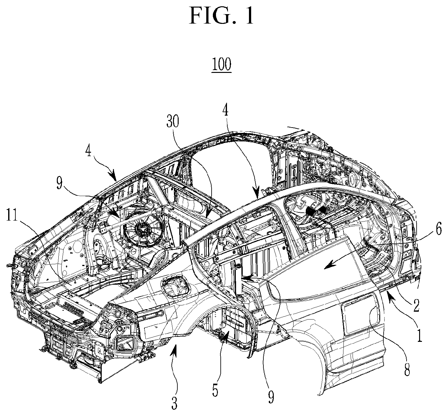 Patent US12403961 Figure 1 – Rear vehicle body structure