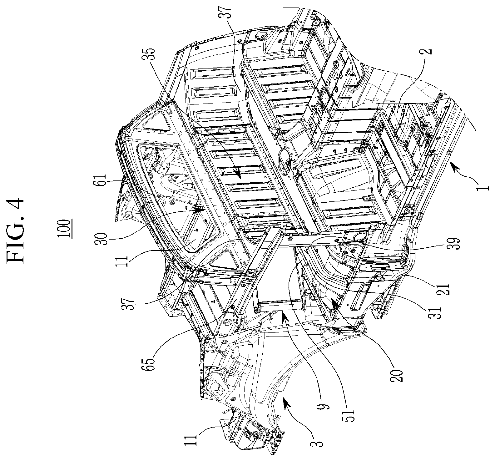 Patent US12403961 Figure 4 – Rear vehicle body structure