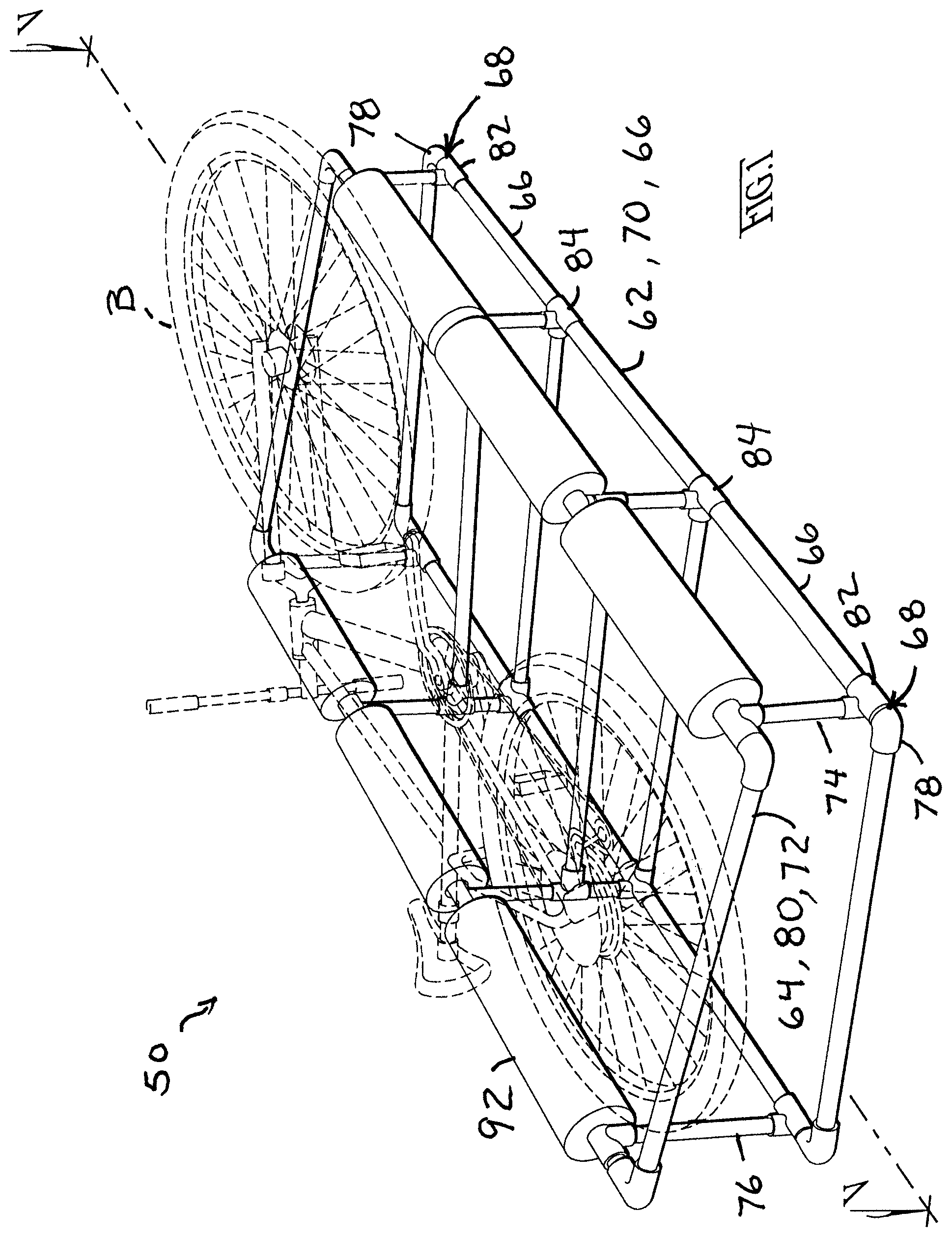 Patent US12403969 Figure 1 – Frame rack for hanging bicycle storage and stretcher-manner of loading/unloading and bicycle ferrying in vehicles, especially through upward swinging rear doors