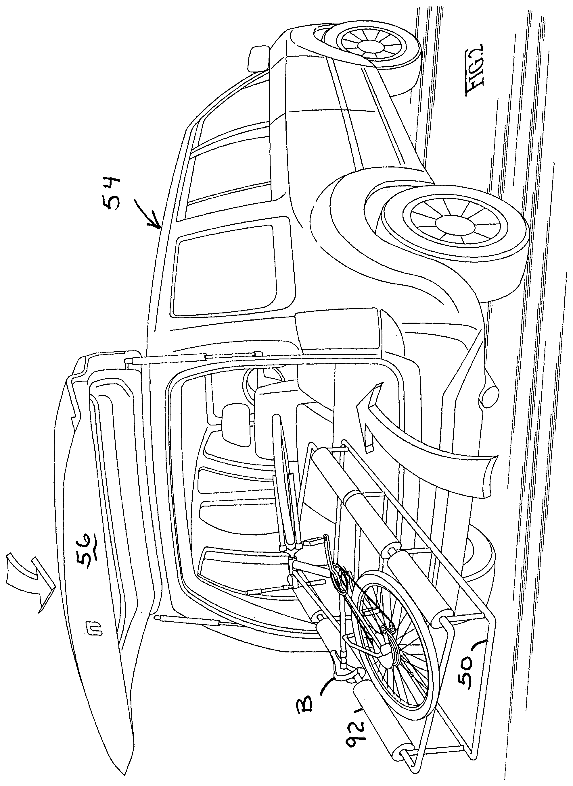 Patent US12403969 Figure 2 – Frame rack for hanging bicycle storage and stretcher-manner of loading/unloading and bicycle ferrying in vehicles, especially through upward swinging rear doors