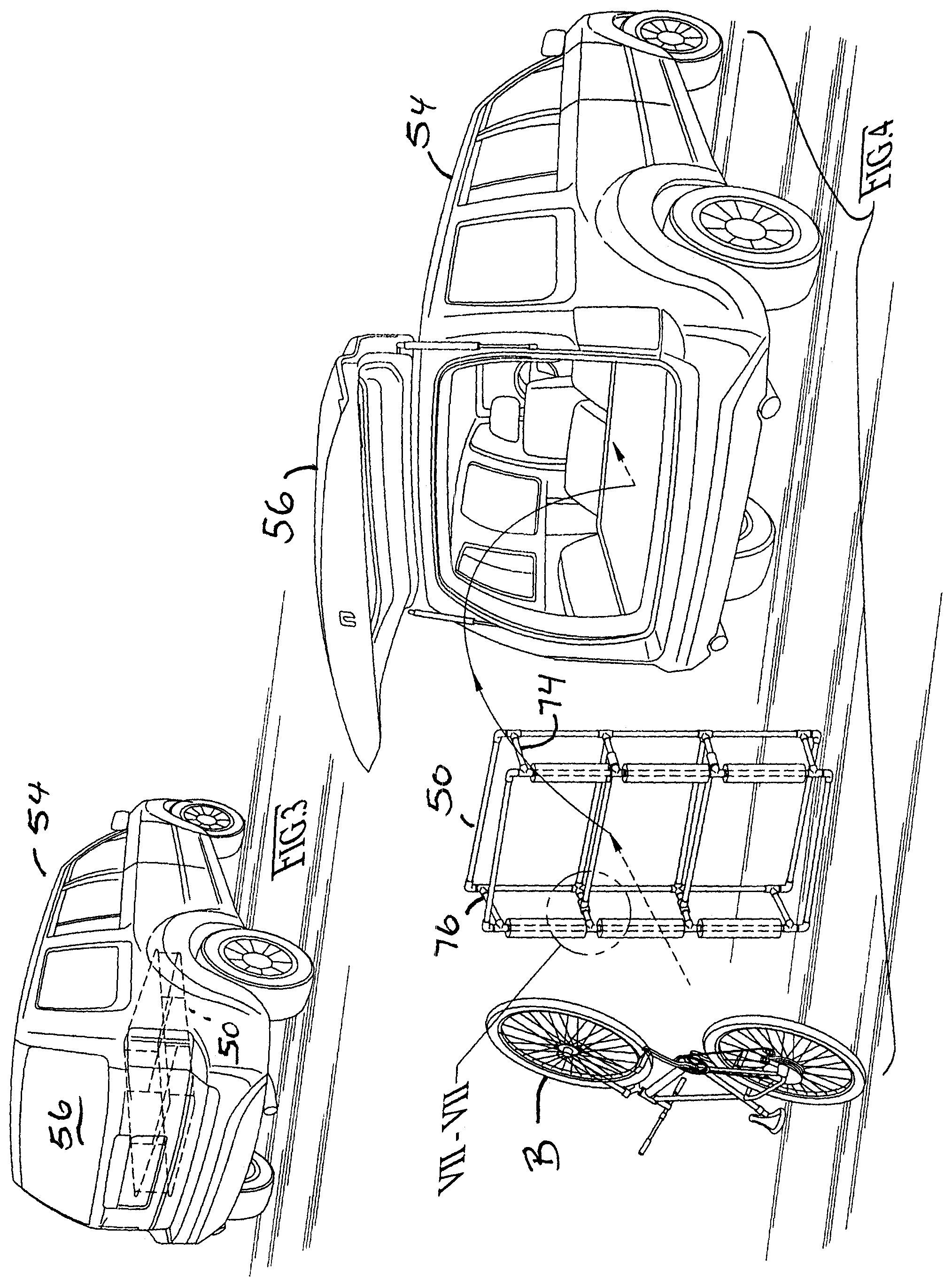 Patent US12403969 Figure 3 – Frame rack for hanging bicycle storage and stretcher-manner of loading/unloading and bicycle ferrying in vehicles, especially through upward swinging rear doors