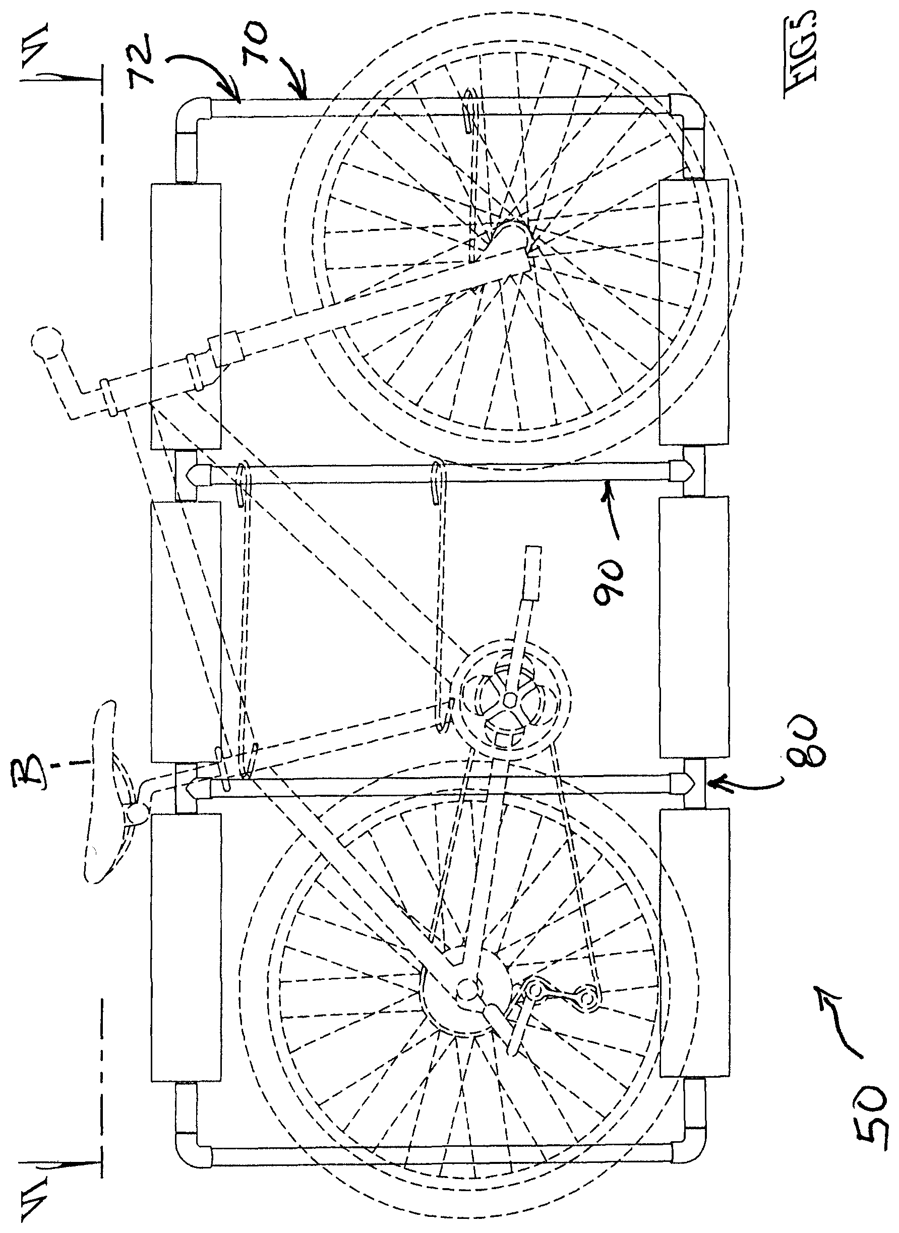 Patent US12403969 Figure 4 – Frame rack for hanging bicycle storage and stretcher-manner of loading/unloading and bicycle ferrying in vehicles, especially through upward swinging rear doors