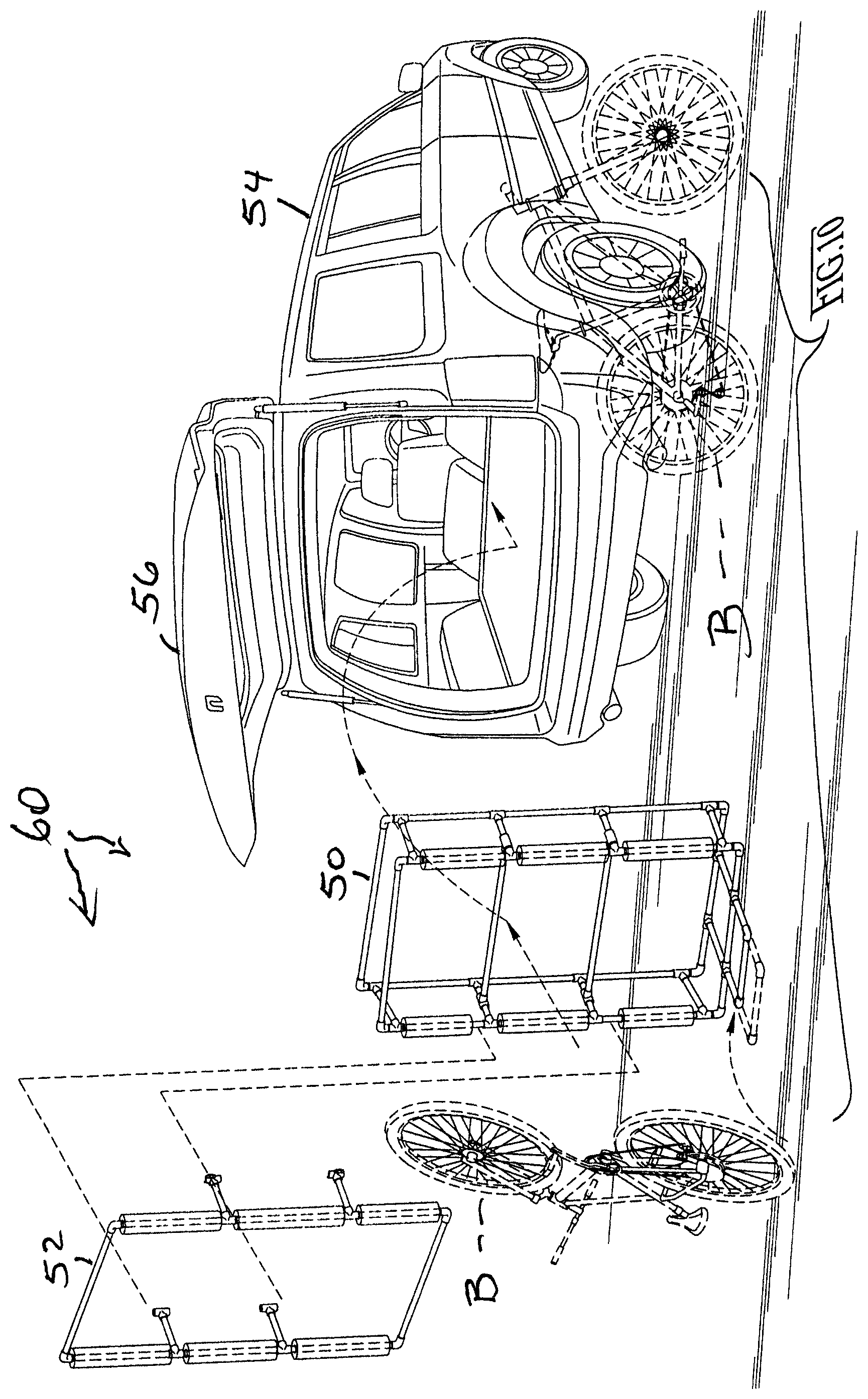 Patent US12403969 Figure 9 – Frame rack for hanging bicycle storage and stretcher-manner of loading/unloading and bicycle ferrying in vehicles, especially through upward swinging rear doors
