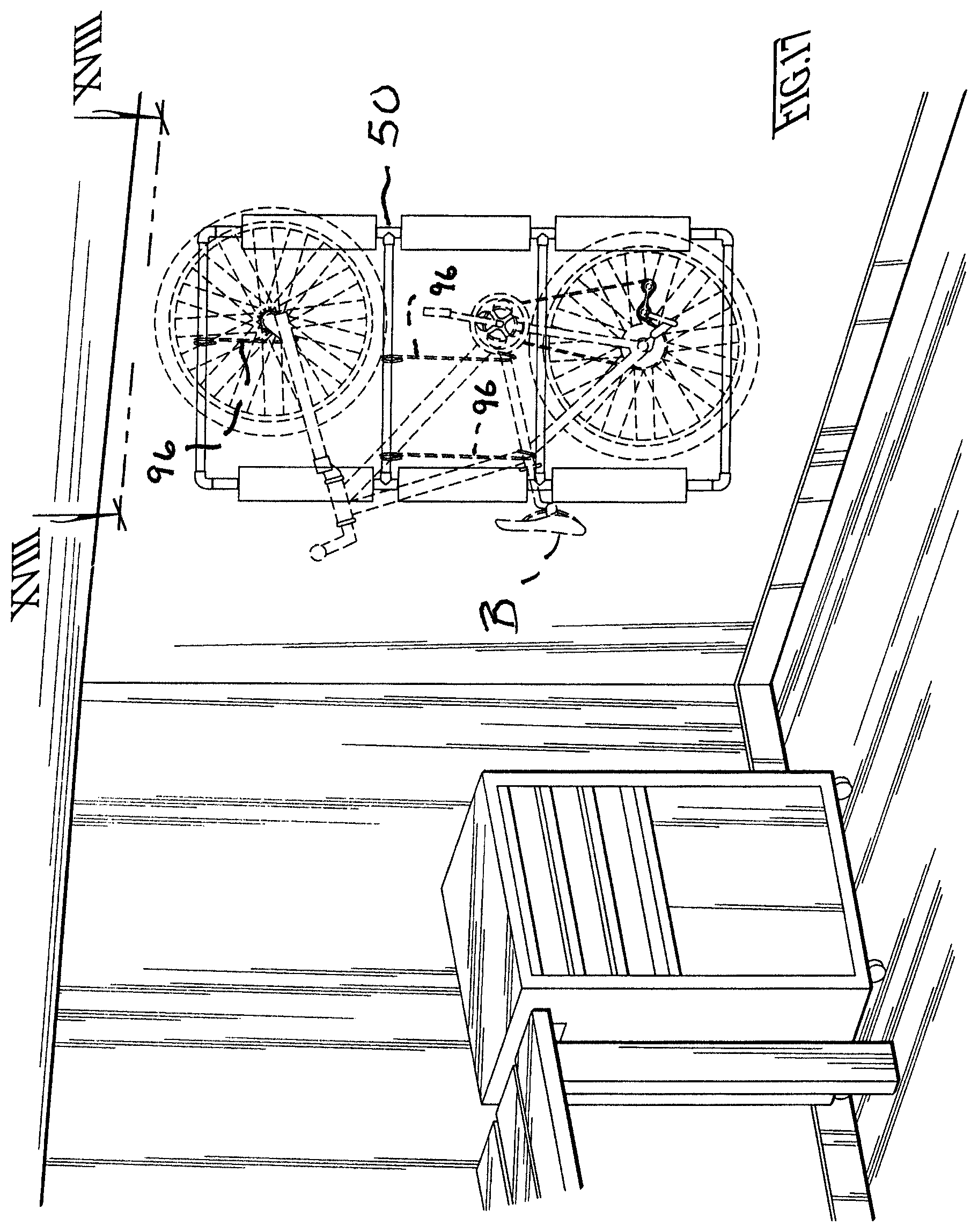 Patent US12403969 Figure 15 – Frame rack for hanging bicycle storage and stretcher-manner of loading/unloading and bicycle ferrying in vehicles, especially through upward swinging rear doors