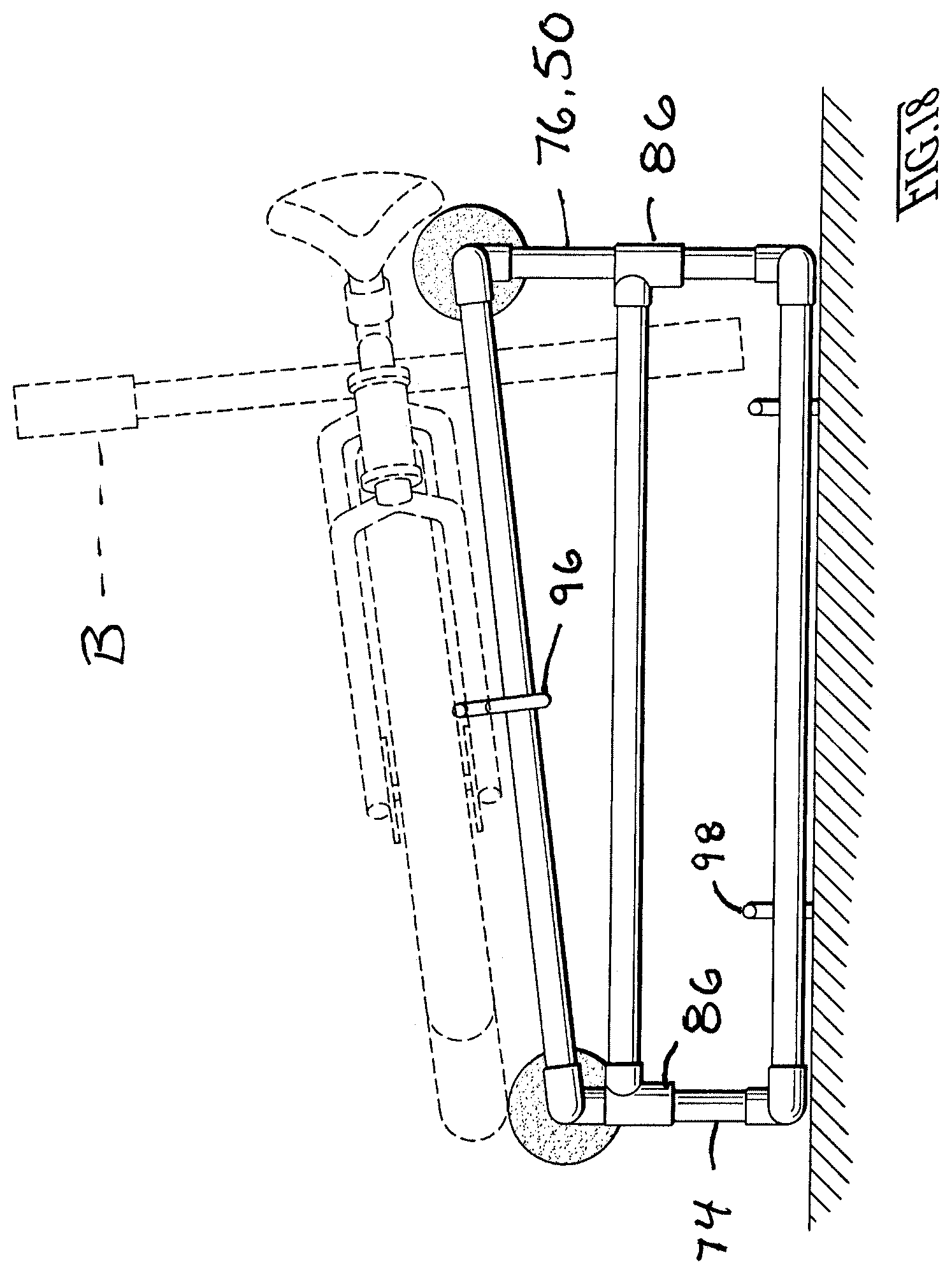 Patent US12403969 Figure 16 – Frame rack for hanging bicycle storage and stretcher-manner of loading/unloading and bicycle ferrying in vehicles, especially through upward swinging rear doors