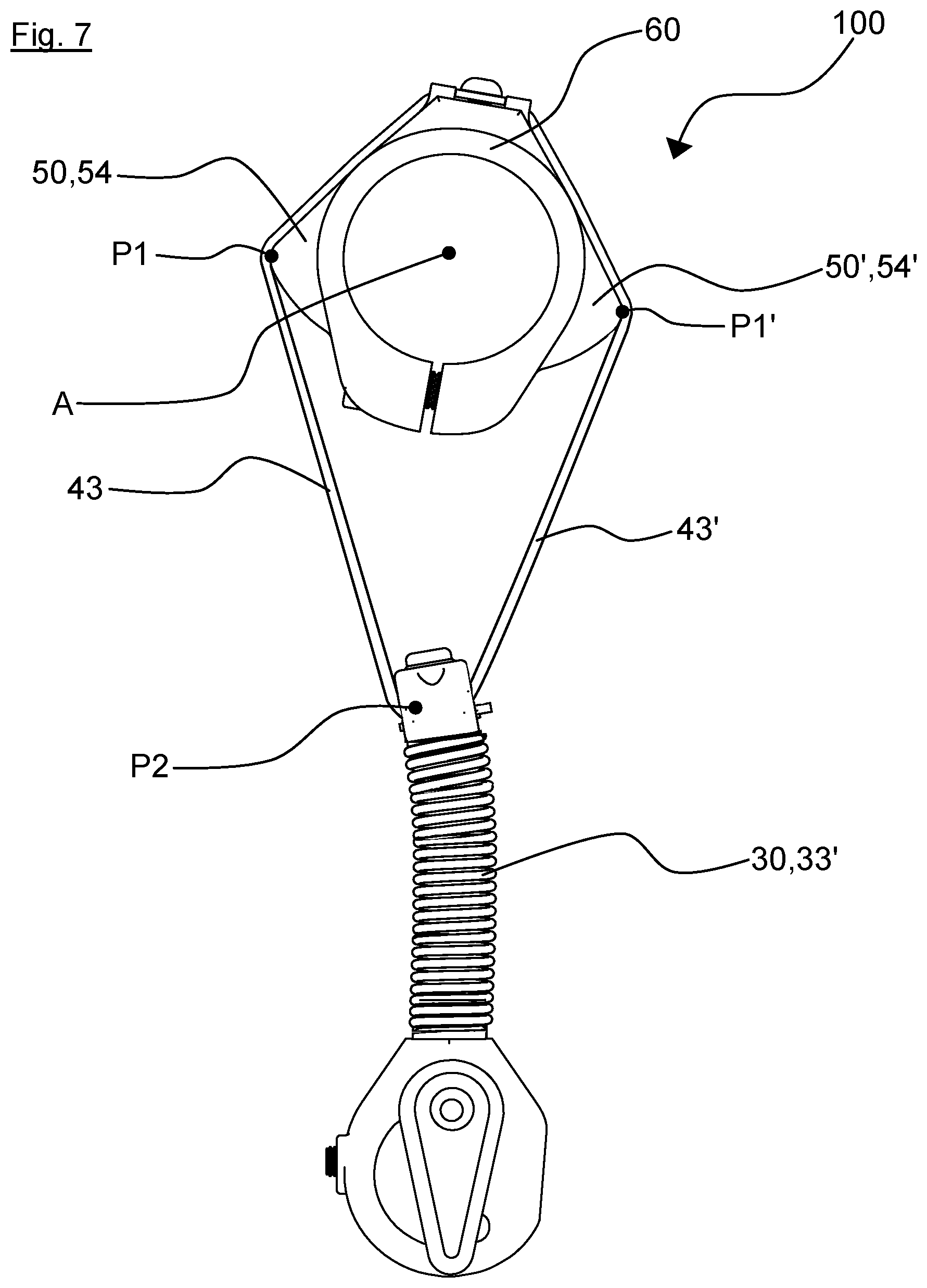 Patent US12403977 Figure 8 – Apparatus for providing a restoring moment for a two-wheeler steering mechanism
