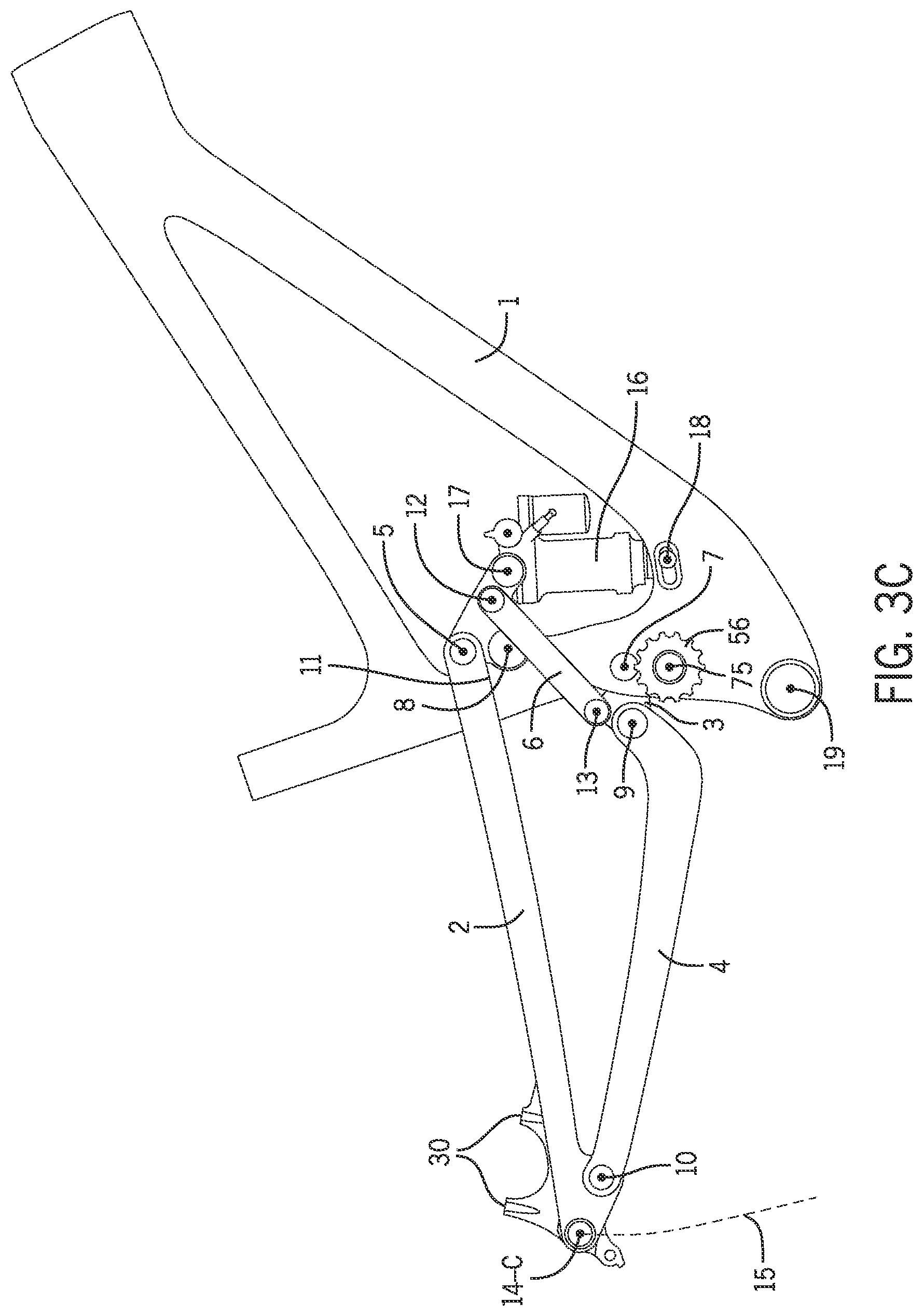 Patent US12403979 Figure 16 – 6-bar vehicle suspension linkage with drive train idler