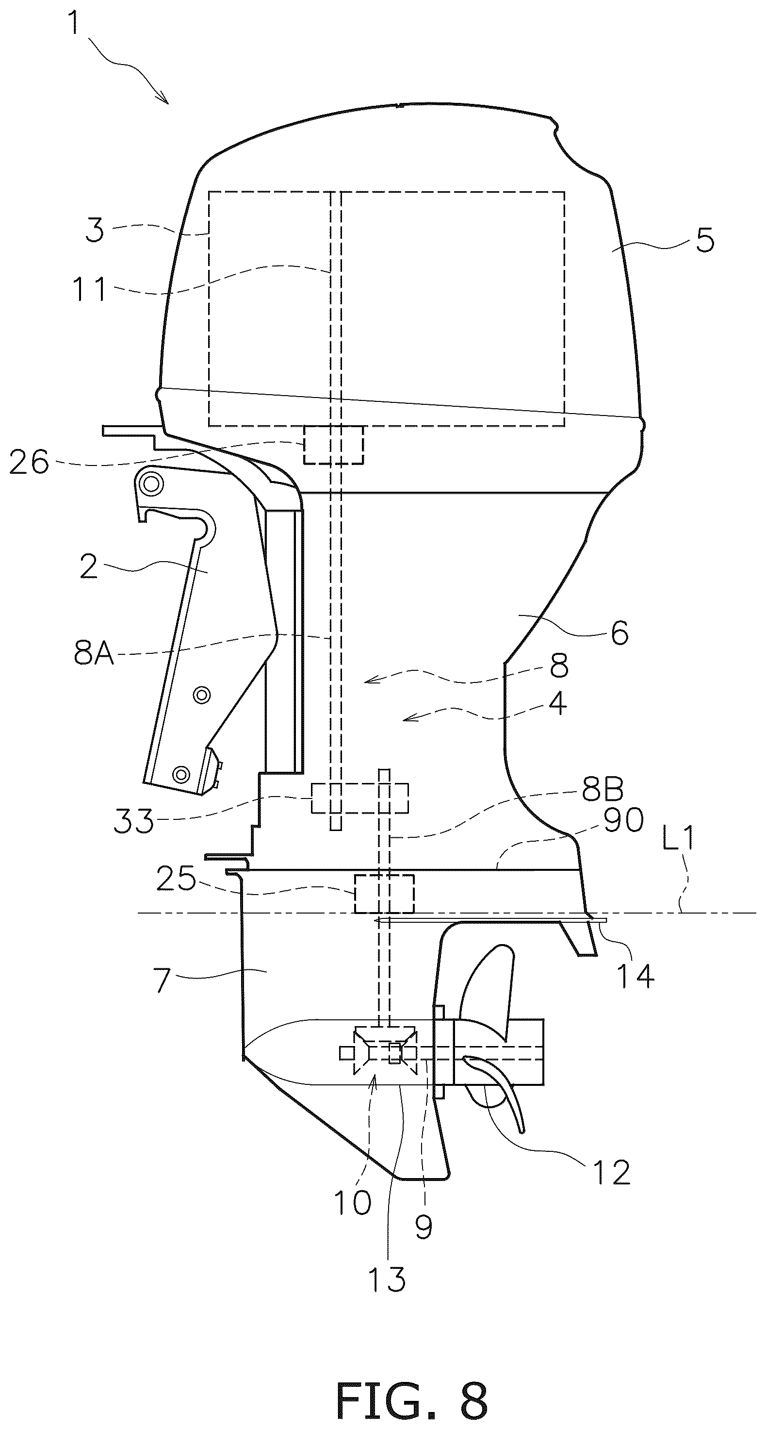 Patent US12403995 Figure 8 – Outboard motor