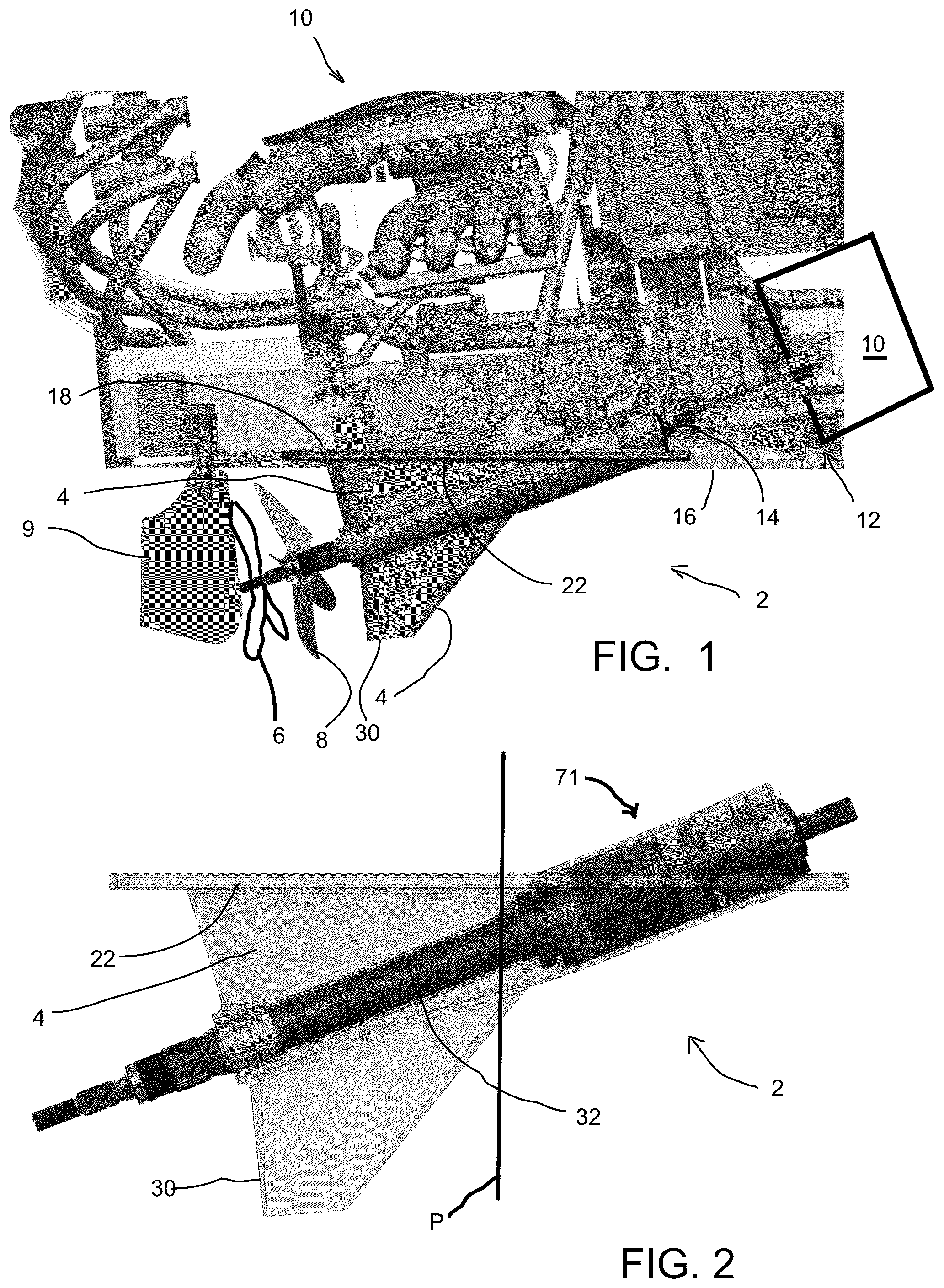 Patent US12403999 Figure 1 – Marine propulsion system supported by a strut