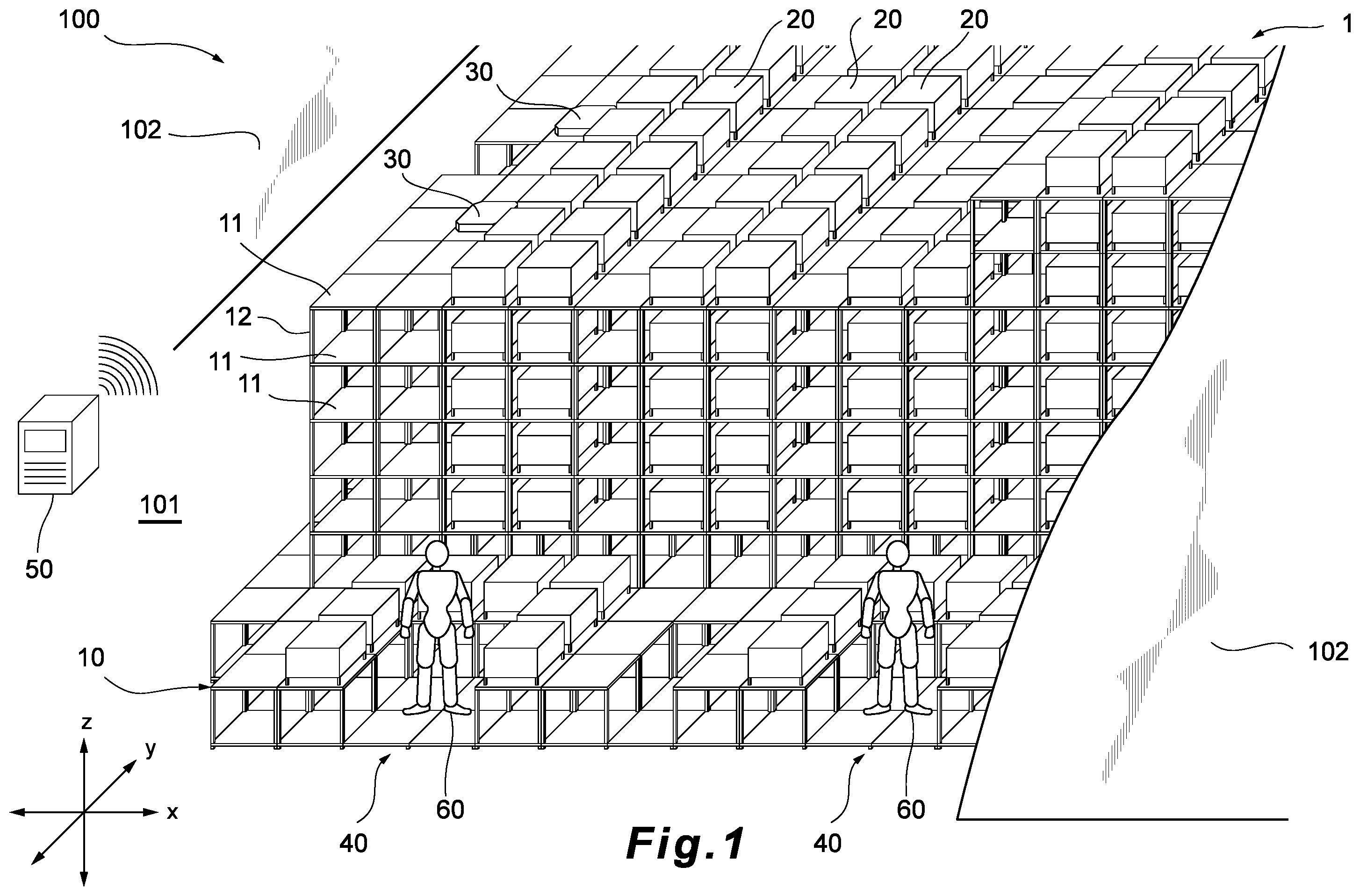 Patent US12410009 Figure 1 – Automated storage and retrieval system