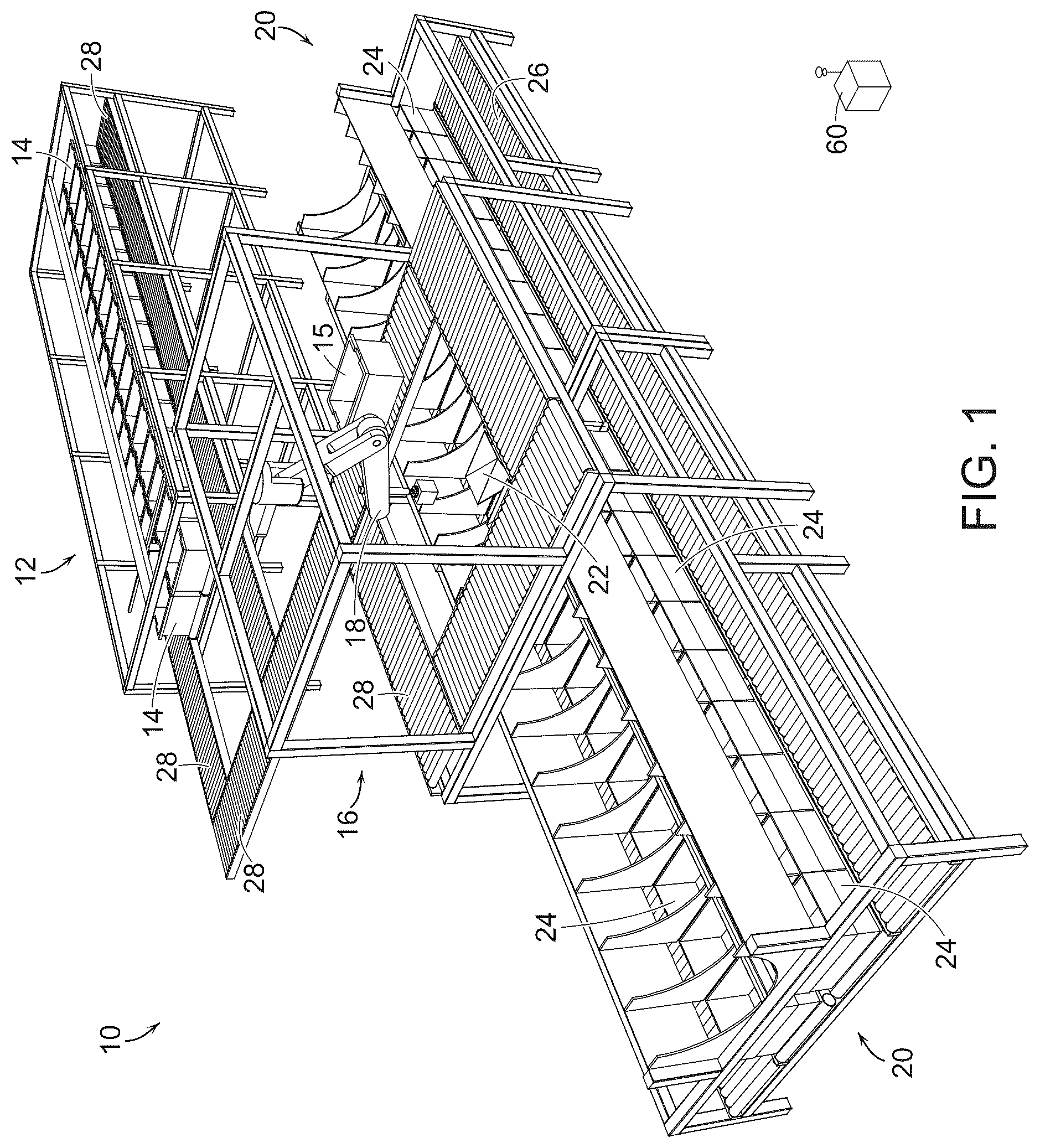Patent US12410011 Figure 1 – Systems and methods for processing objects including an auto-shuttle system