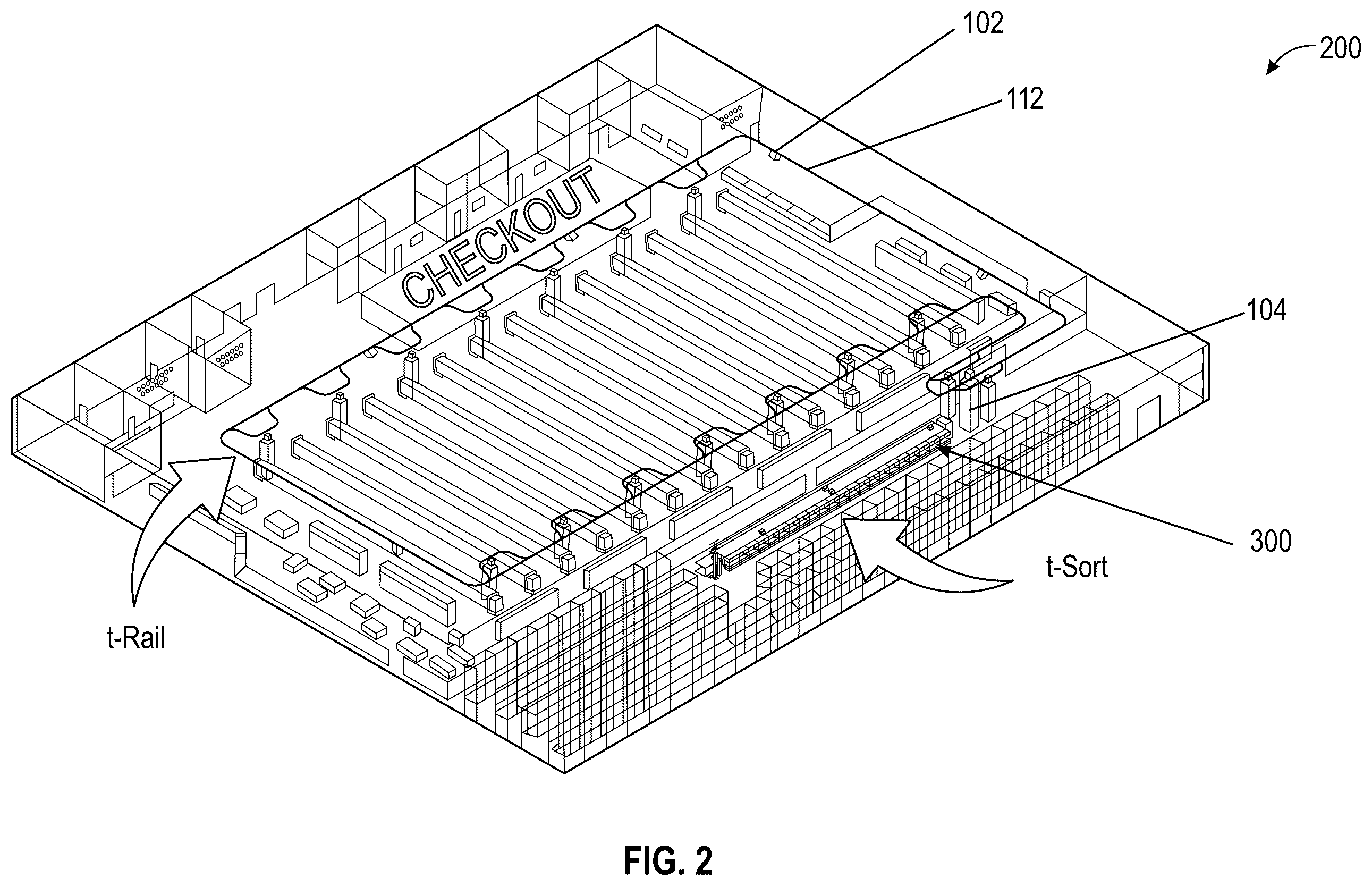Patent US12410014 Figure 2 – Article delivery system and method that includes an overhead rail network