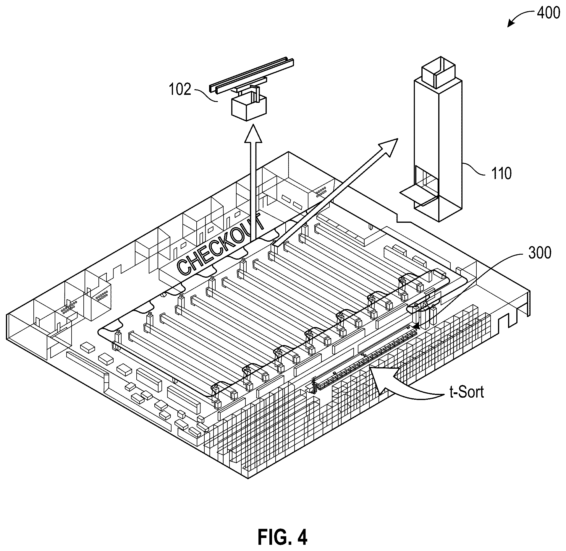 Patent US12410014 Figure 4 – Article delivery system and method that includes an overhead rail network