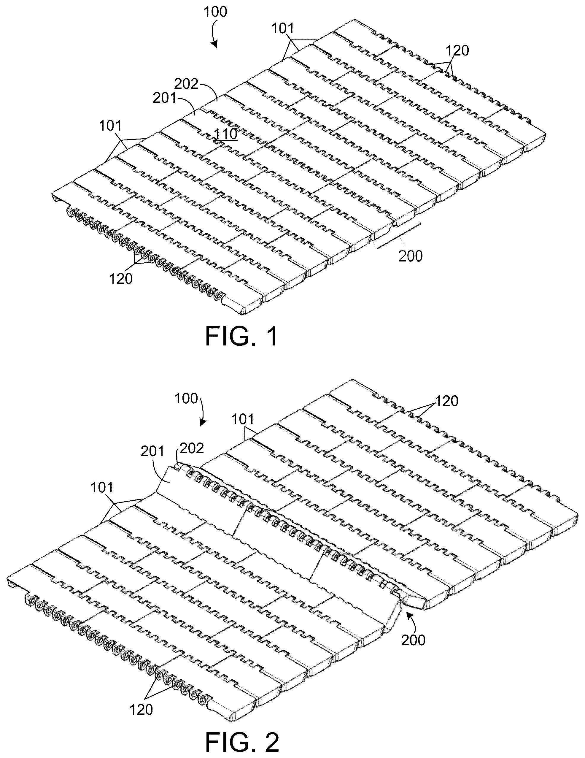 Patent US12410016 Figure 1 – Modular conveyor belt with dedicated access assembly