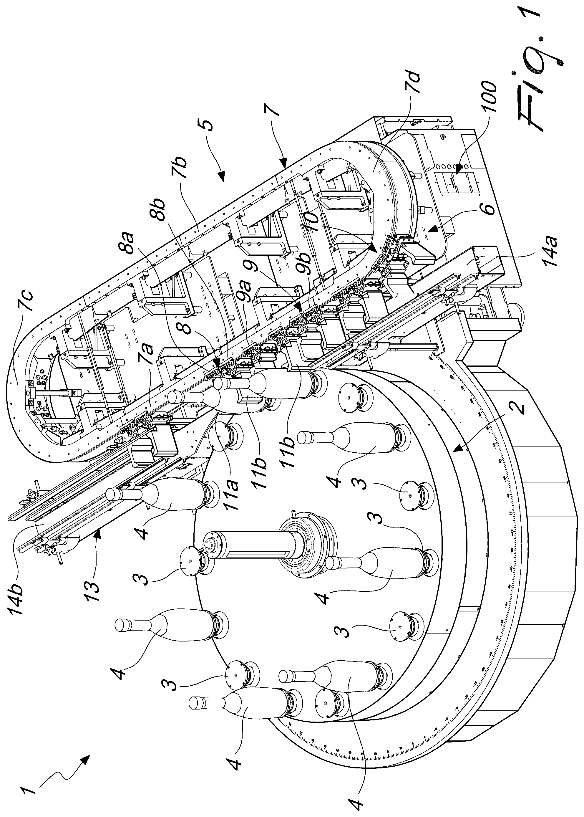 Patent US12410018 Figure 1 – Carousel machine for processing containers