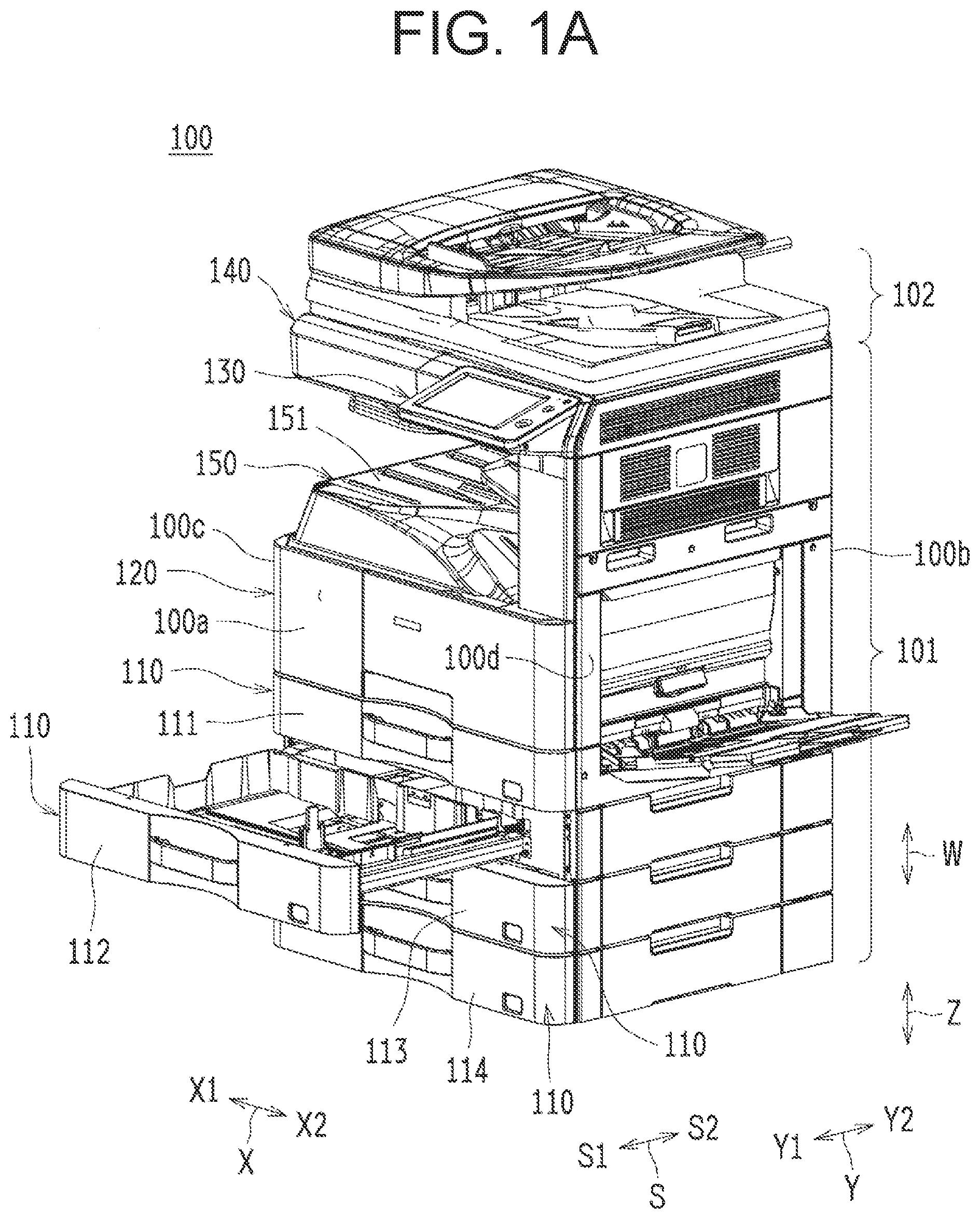 Patent US12410024 Figure 1 – Pull-out lock device for sheet container and image-forming apparatus including the same