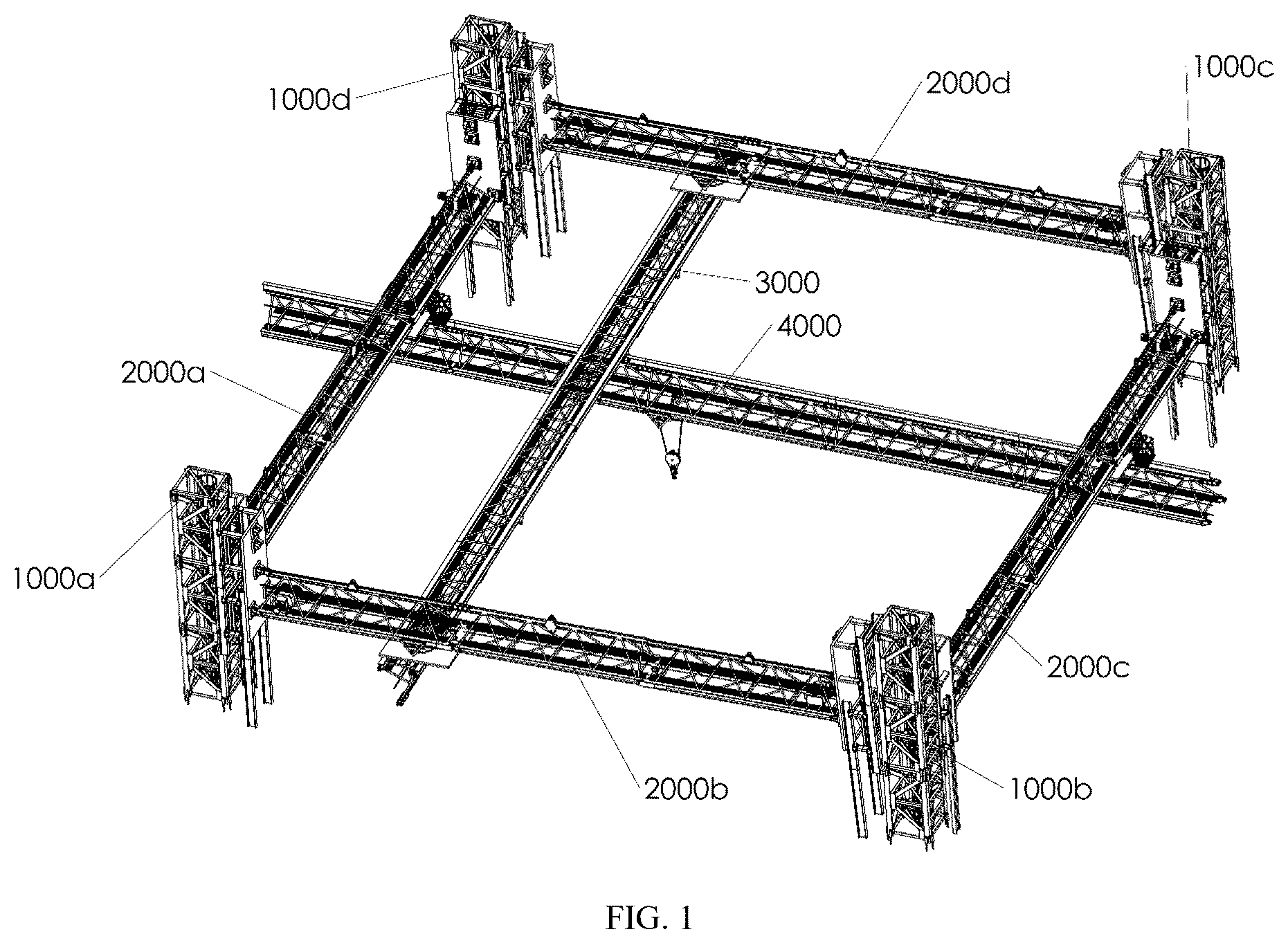 Patent US12410039 Figure 1 – Multi-tower linkage type aerial hoisting platform