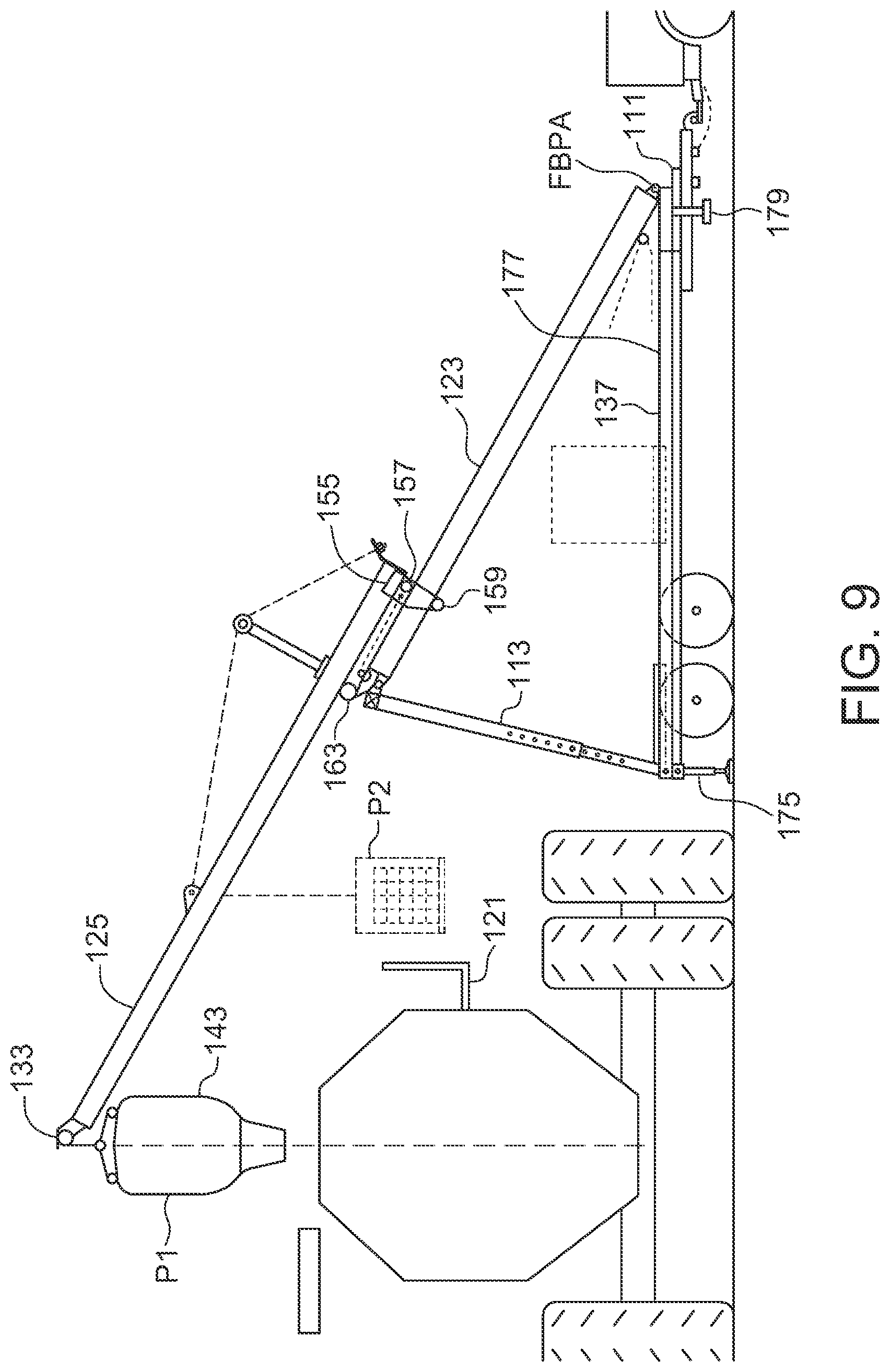 Patent US12410042 Figure 5 – Agricultural product lift for a transport vehicle