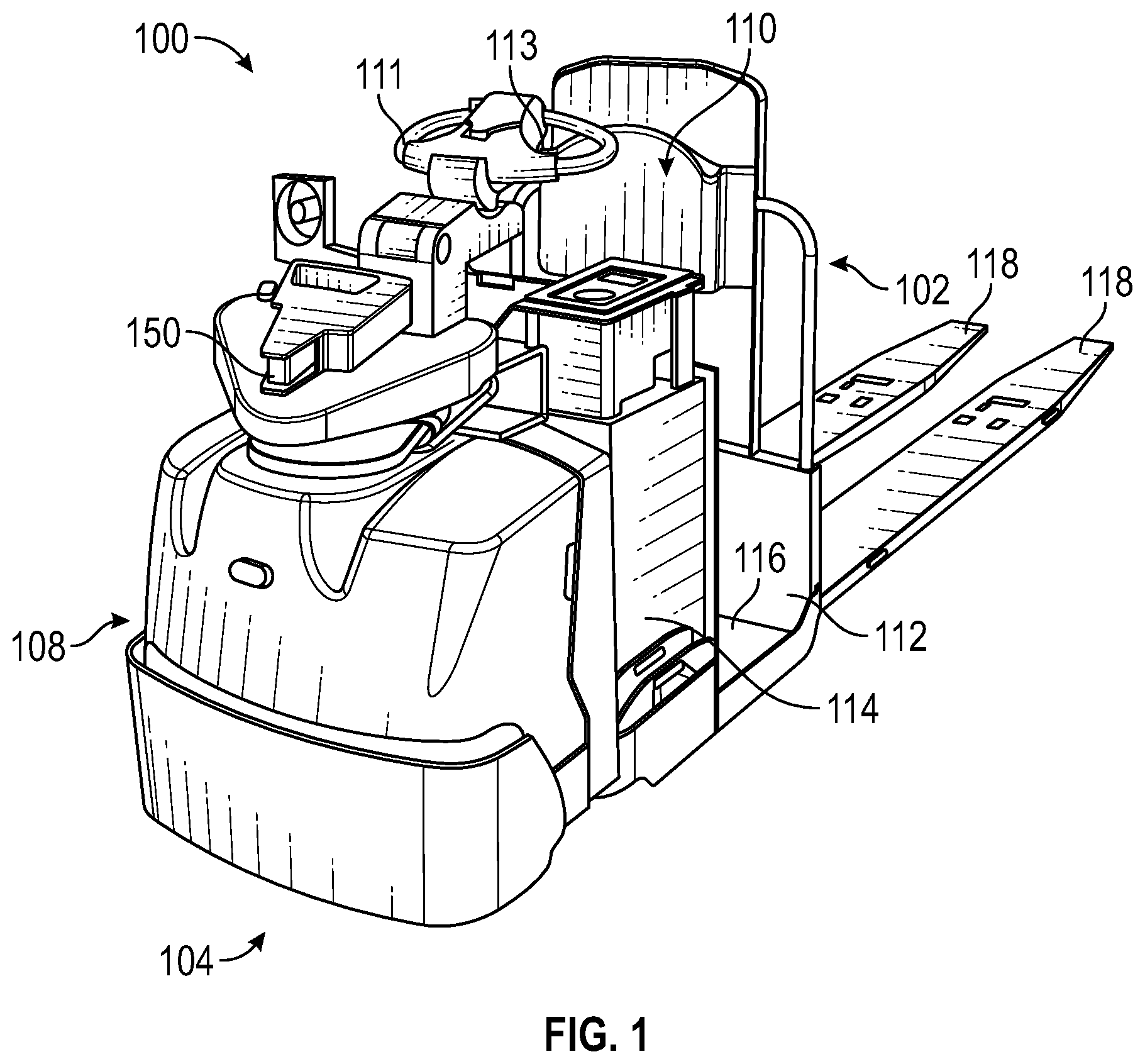 Patent US12410045 Figure 1 – Systems and methods for evaluation of vehicle parameters of a remotely controllable material handling vehicle