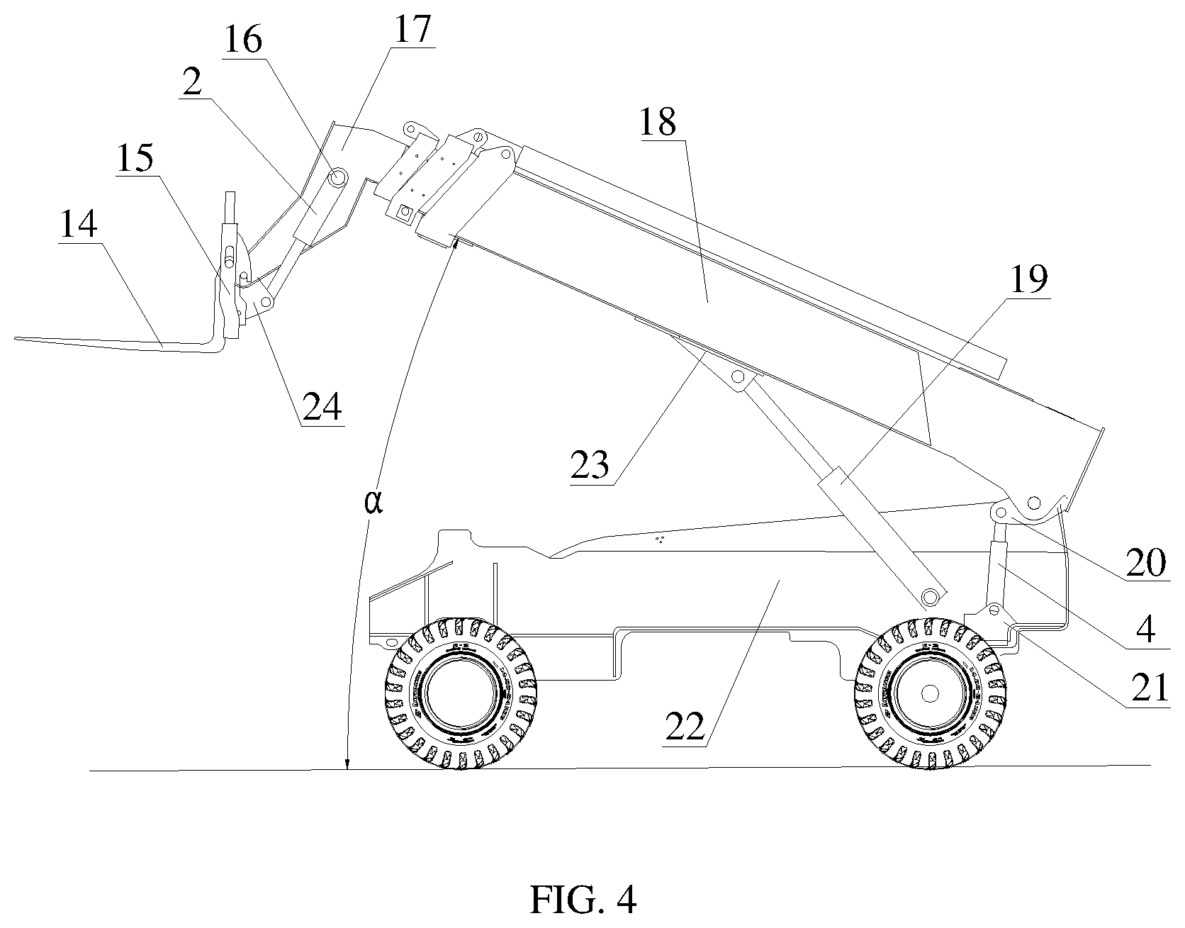 Patent US12410046 Figure 4 – Fork leveling system and method, and telescopic boom forklift