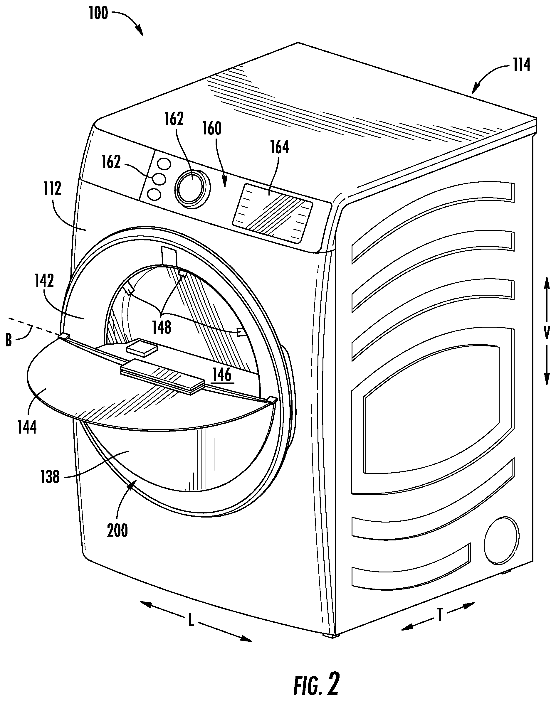 Patent US12410550 Figure 2 – Laundry appliance door for treatment of non-moving articles