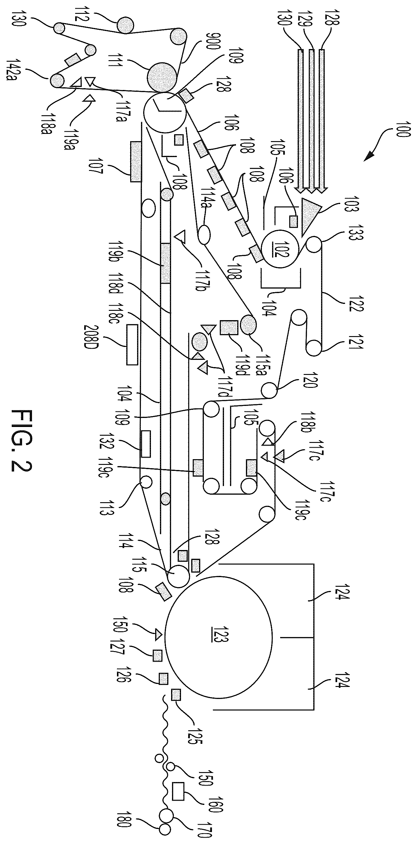 Patent US12410560 Figure 2 – Papermaking machine that utilizes only a structured fabric in the forming of paper
