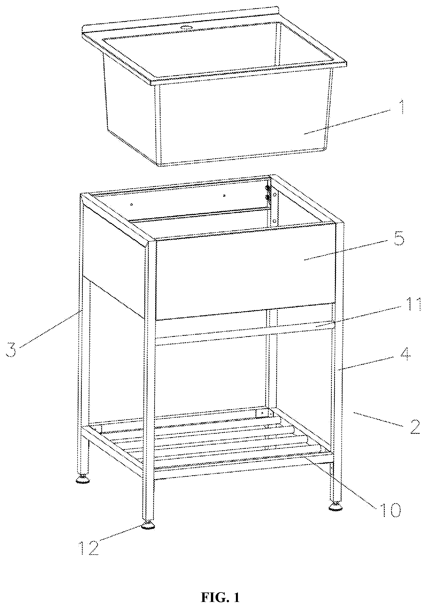Patent US12410596 Figure 1 – Sink with assembled stand