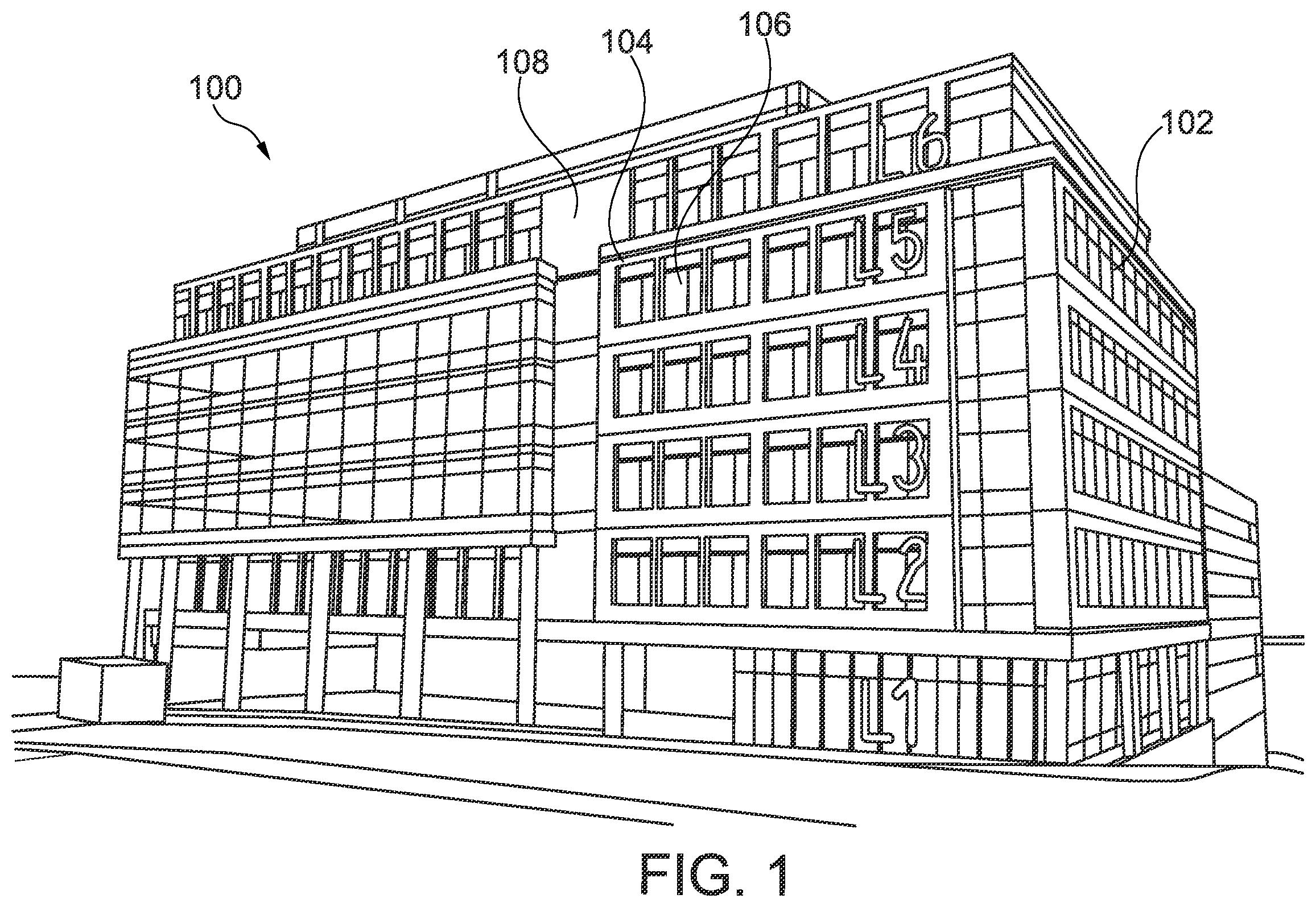Patent US12410613 Figure 1 – Pre-manufactured load bearing walls for a multi-story building