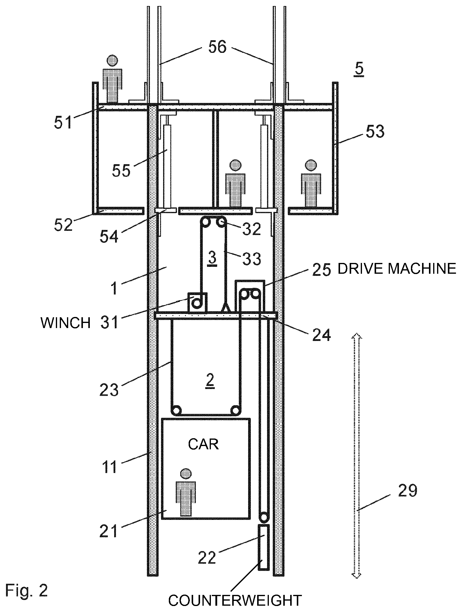 Patent US12410625 Figure 2 – Building site device having a climbing formwork and an elevator system