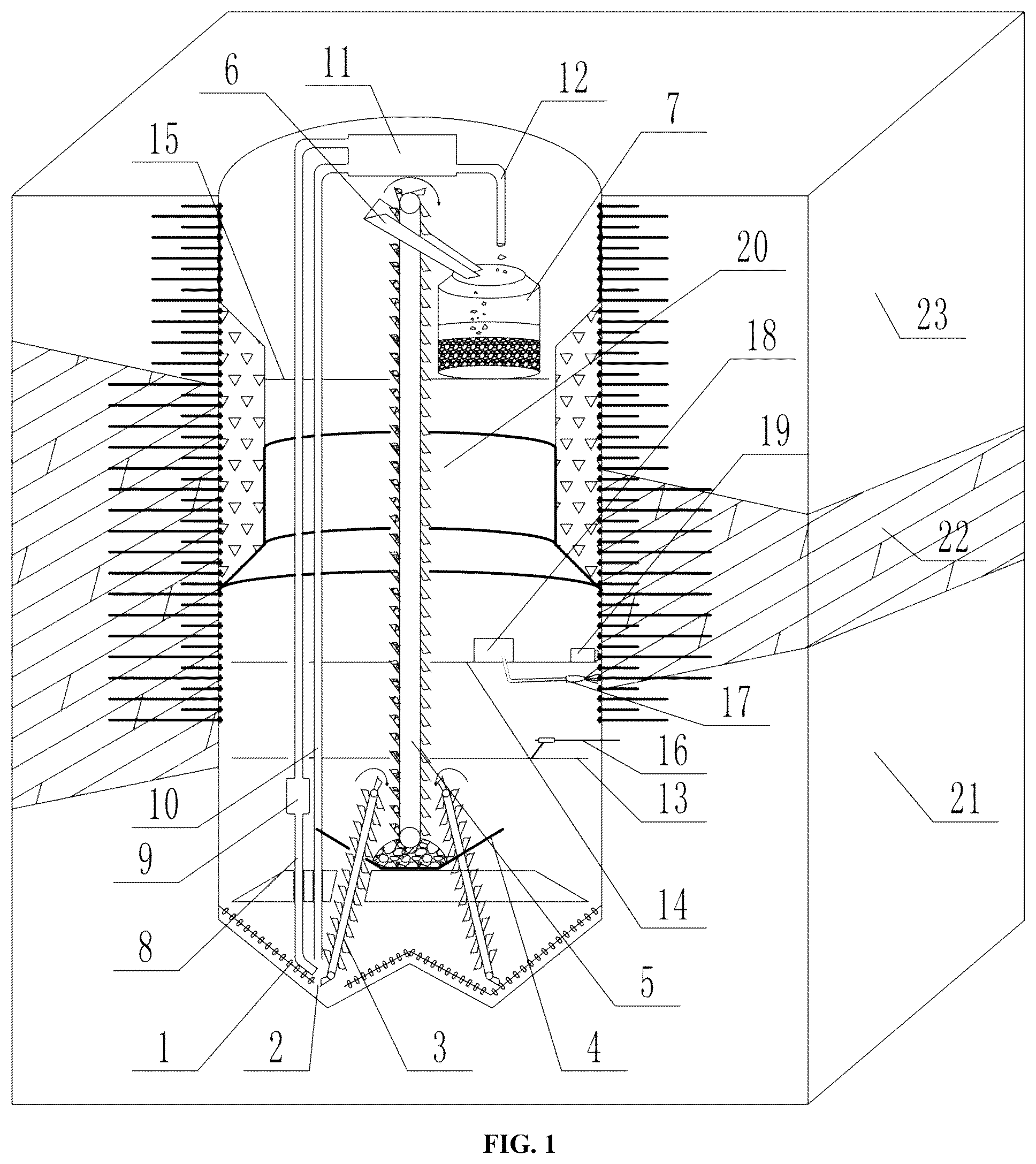 Patent US12410660 Figure 1 – Full-face shaft boring machine, boring system, and boring method