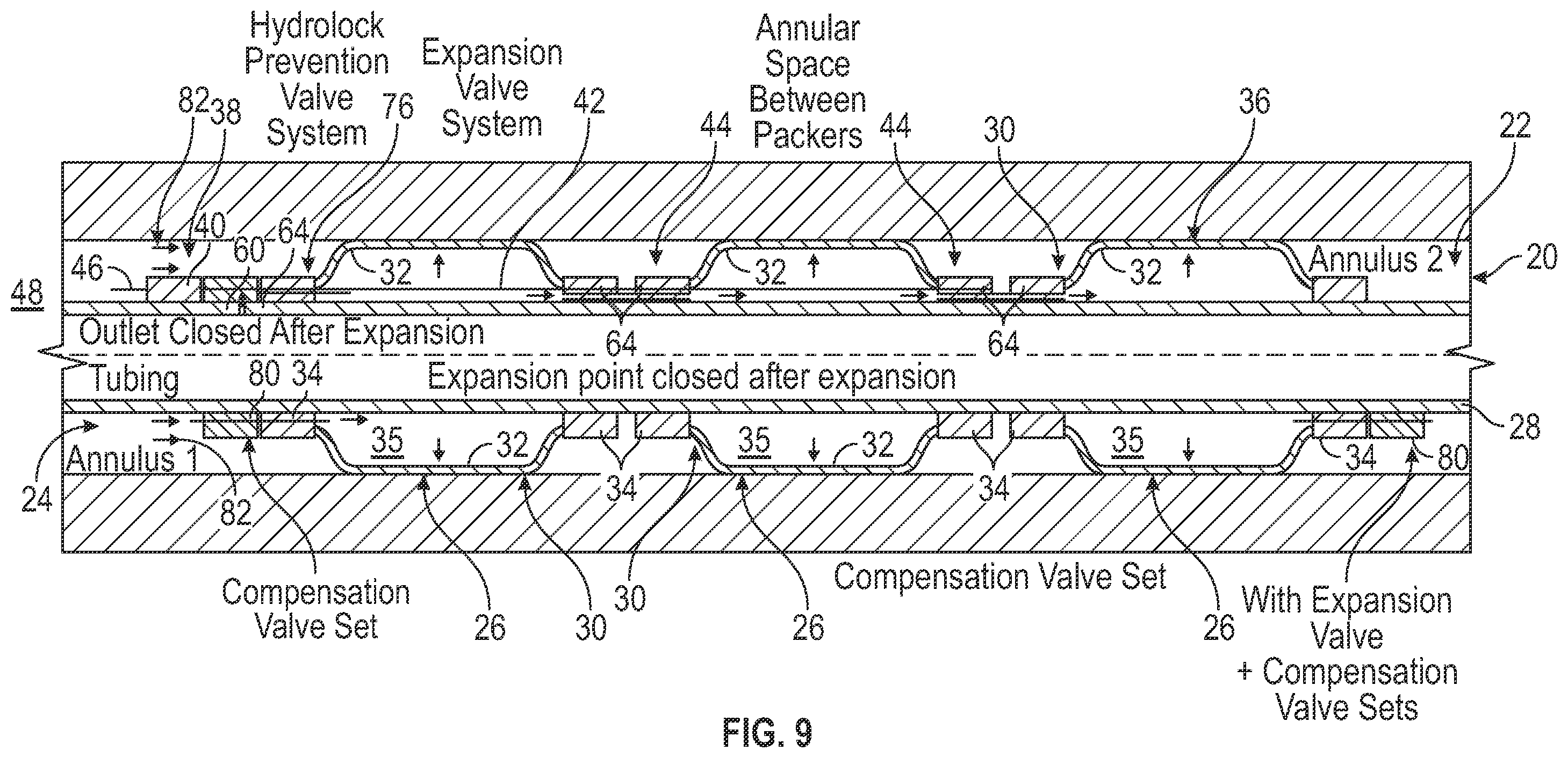Patent US12410677 Figure 5 – Multiple expandable metal packers with hydrolock prevention