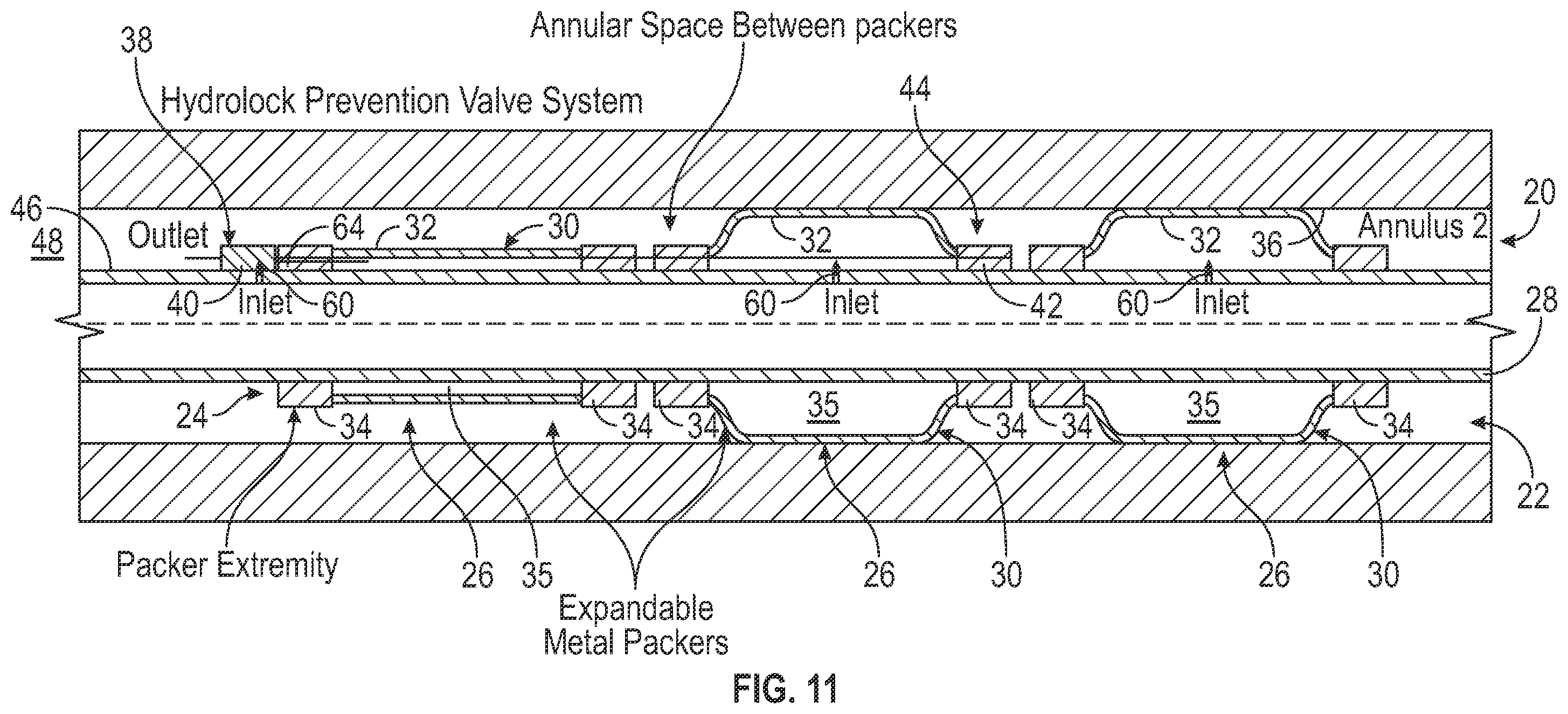 Patent US12410677 Figure 7 – Multiple expandable metal packers with hydrolock prevention