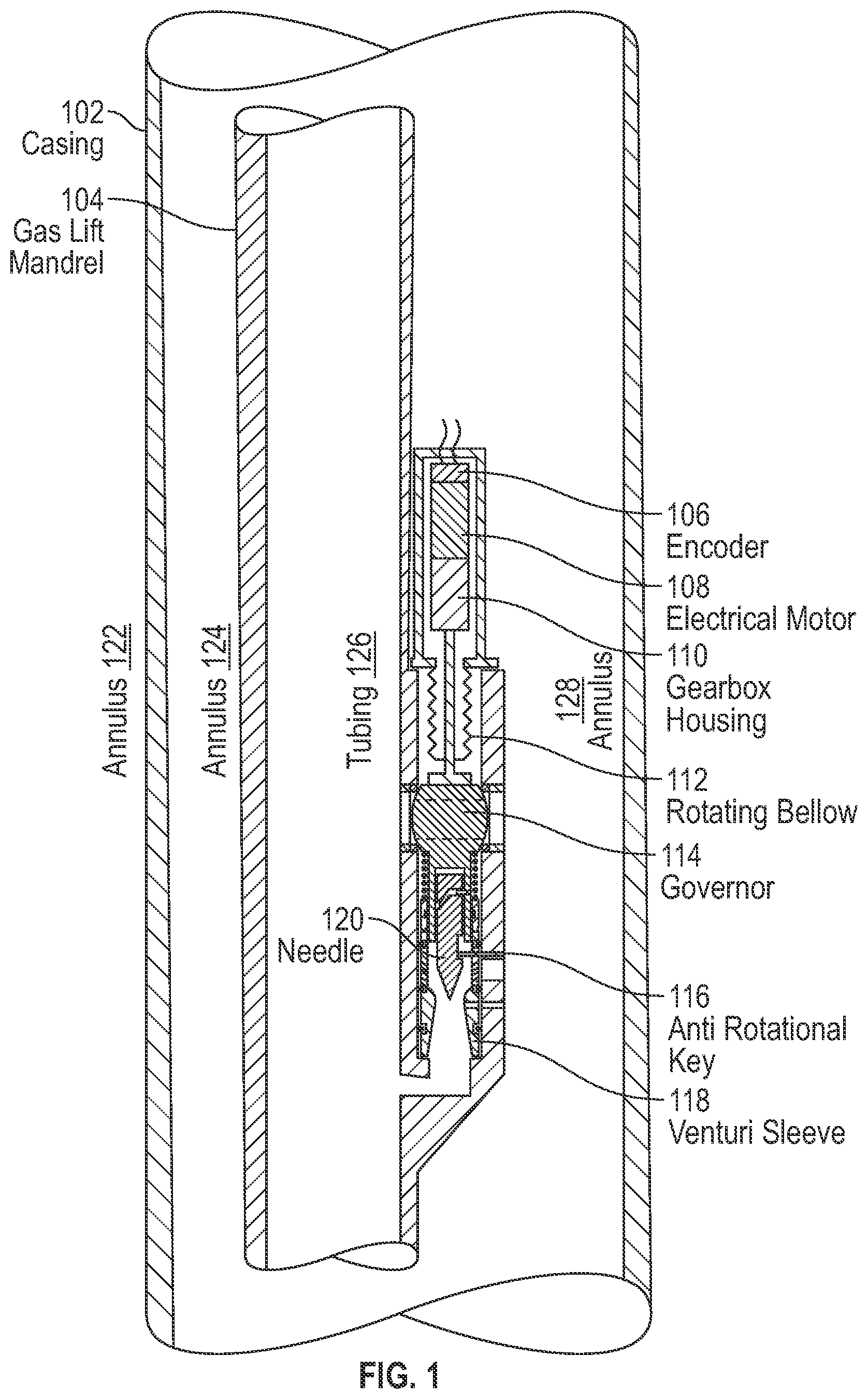 Patent US12410693 Figure 1 – Single actuated rotational electric gas lift valve