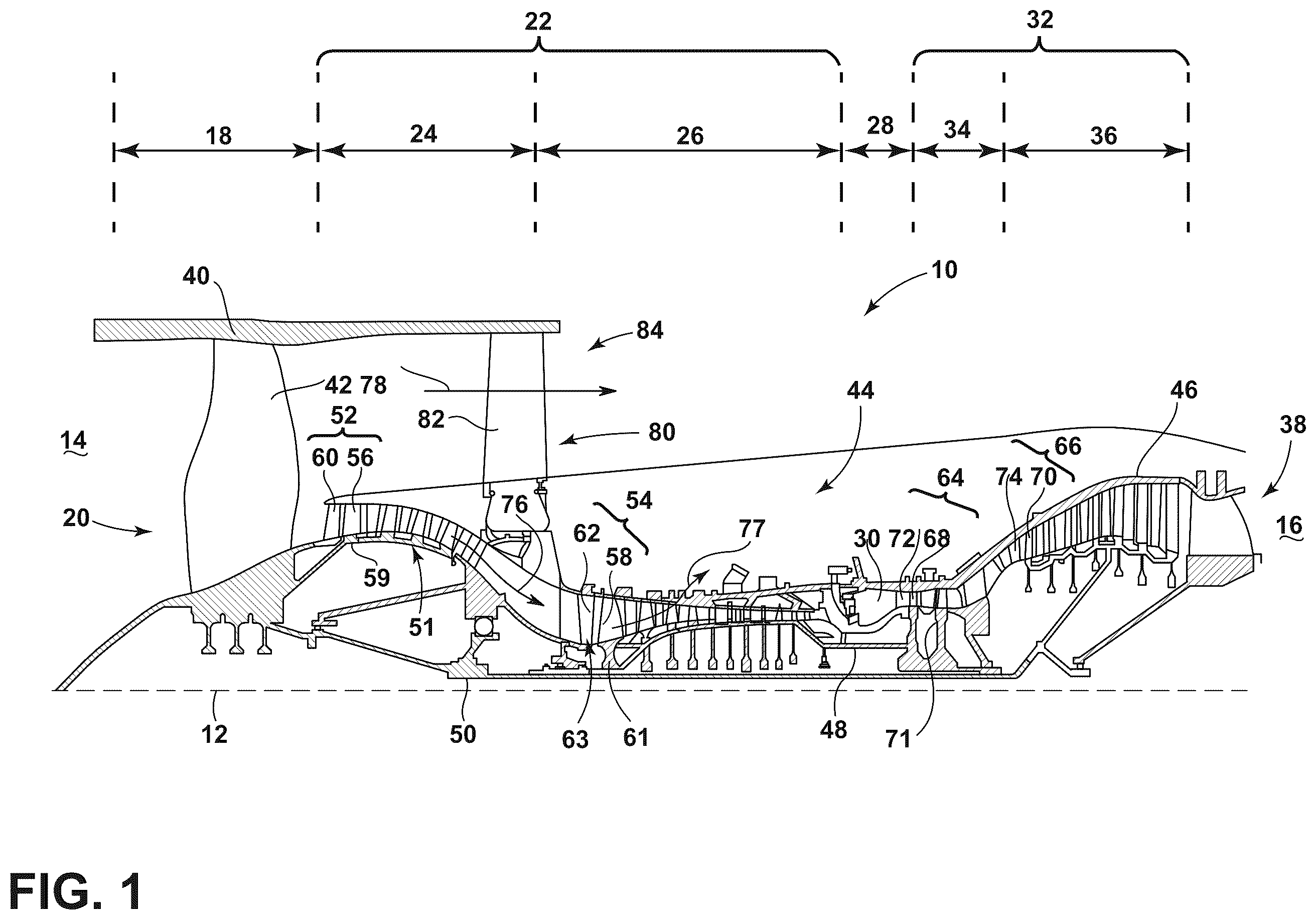 Patent US12410720 Figure 1 – Turbine engine having a rotatable disk and a blade