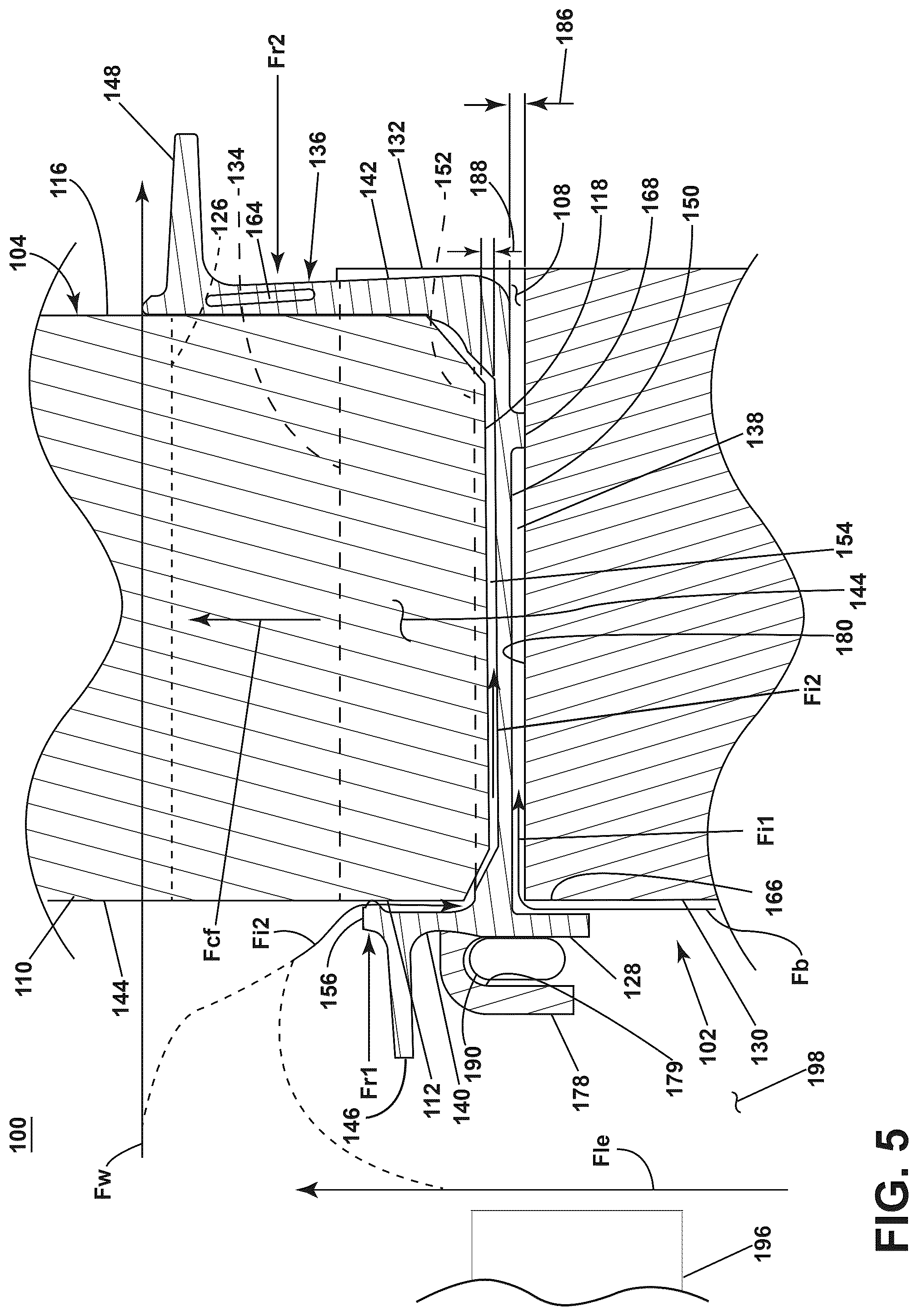 Patent US12410720 Figure 5 – Turbine engine having a rotatable disk and a blade