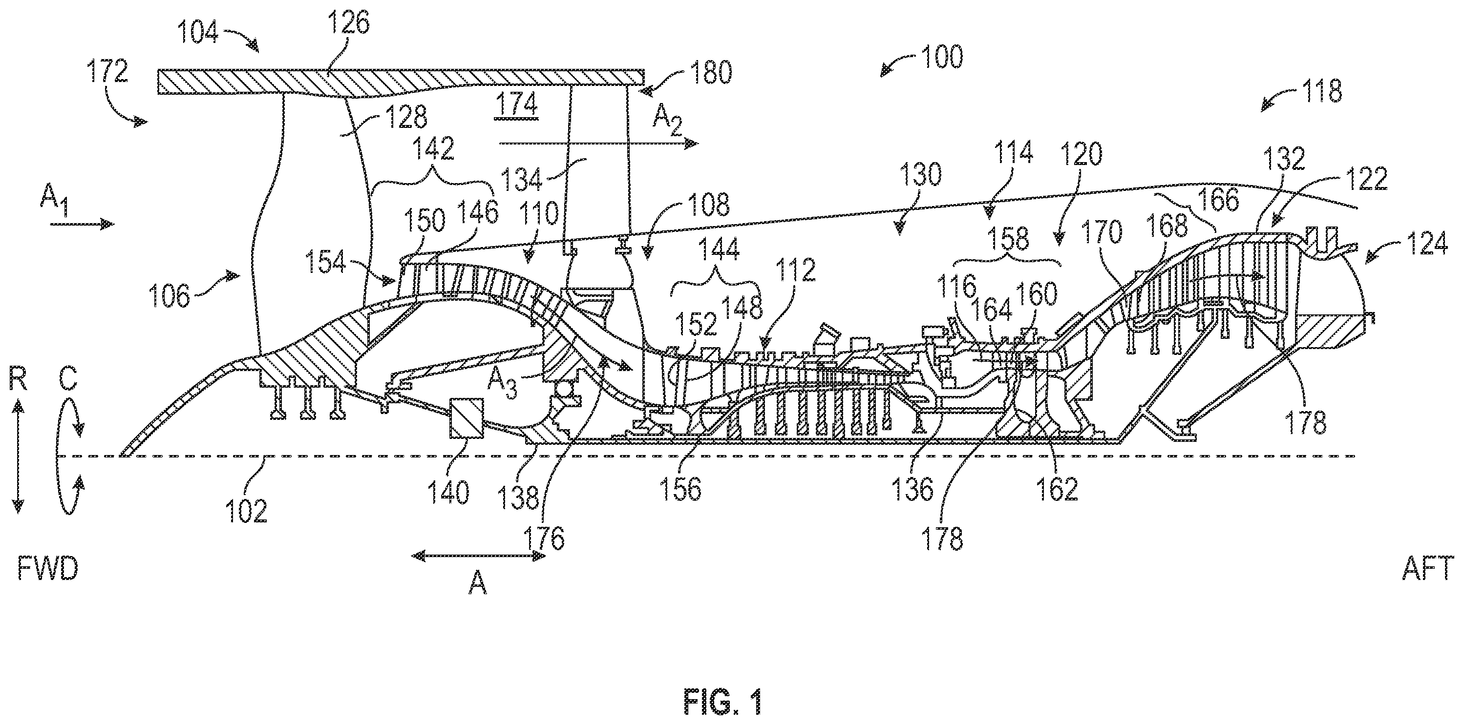 Patent US12410722 Figure 1 – Circumferential row of vanes for a gas turbine engine and having non-uniform vane spacing