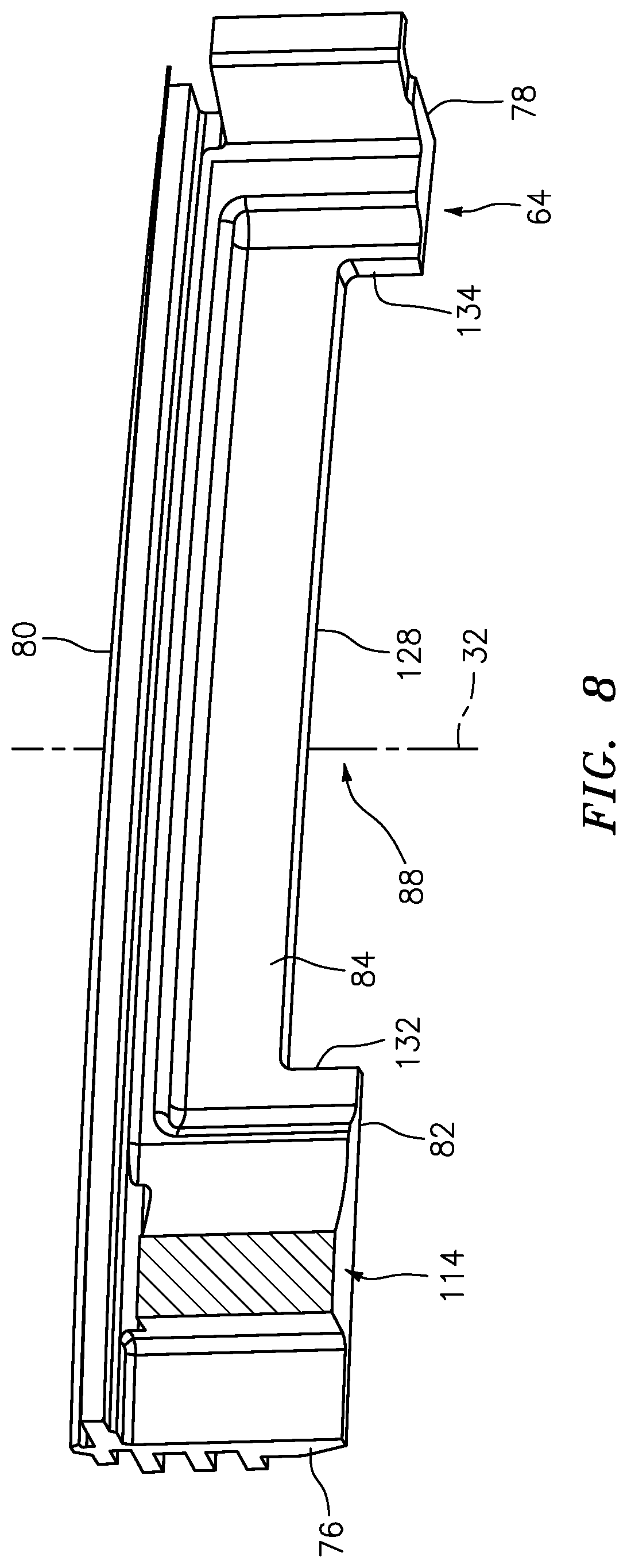 Patent US12410723 Figure 8 – Non-contact seal for rotational equipment with radial through-hole