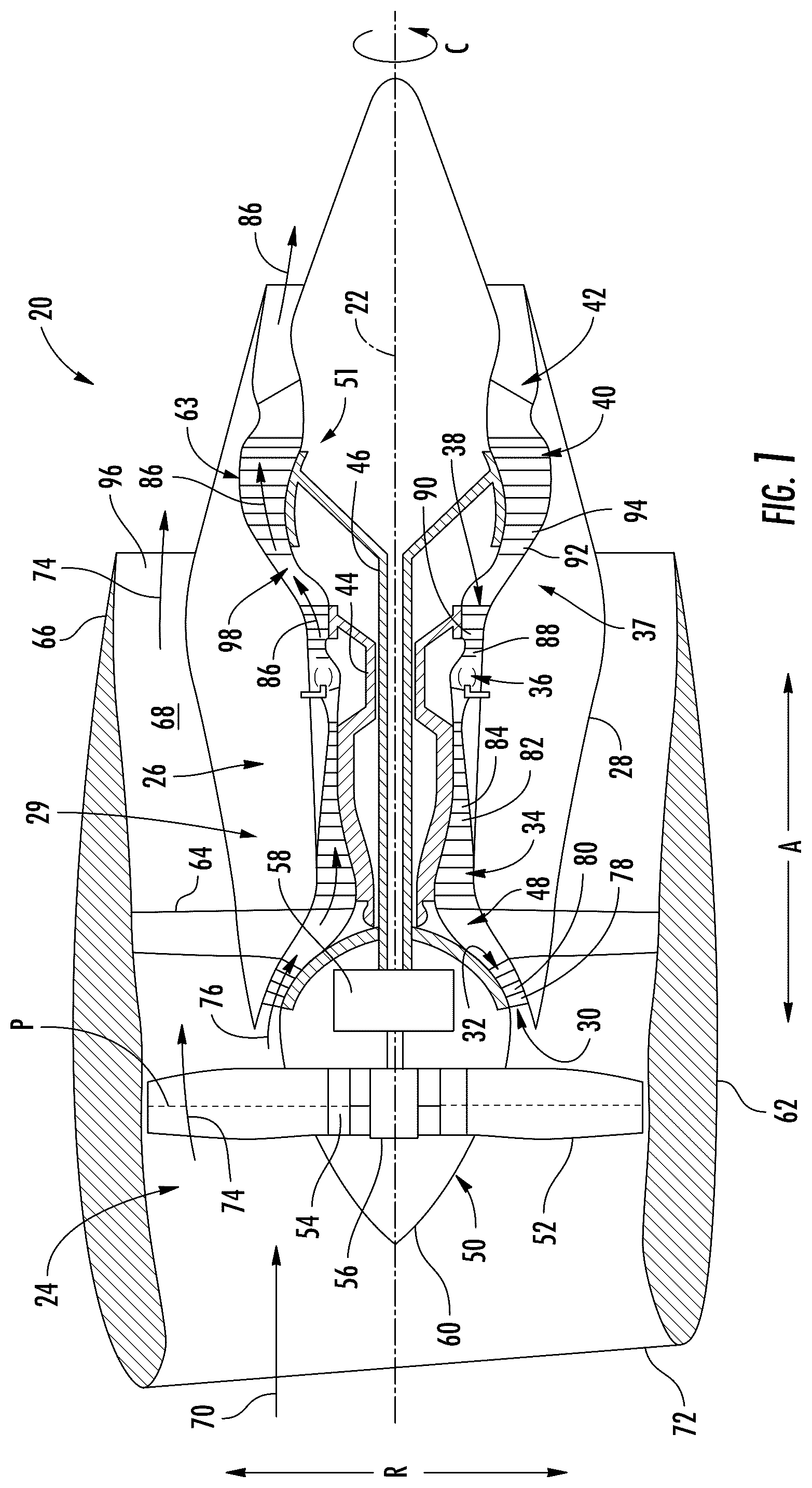 Patent US12410724 Figure 1 – Gas turbine engine with inertially damped seals