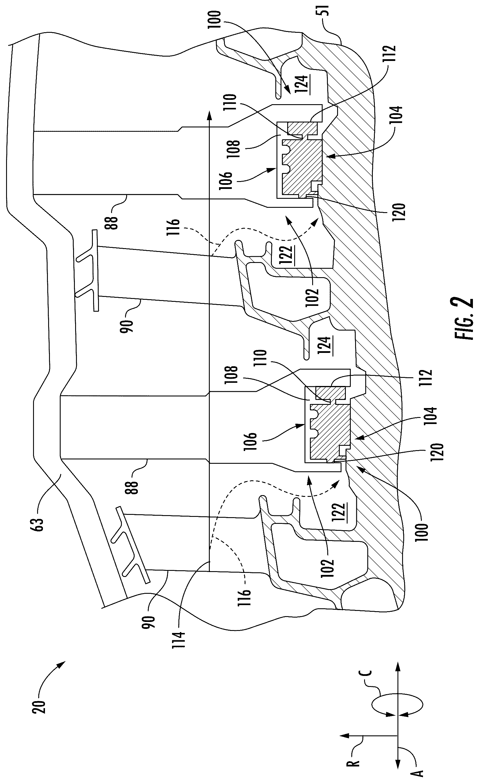 Patent US12410724 Figure 2 – Gas turbine engine with inertially damped seals