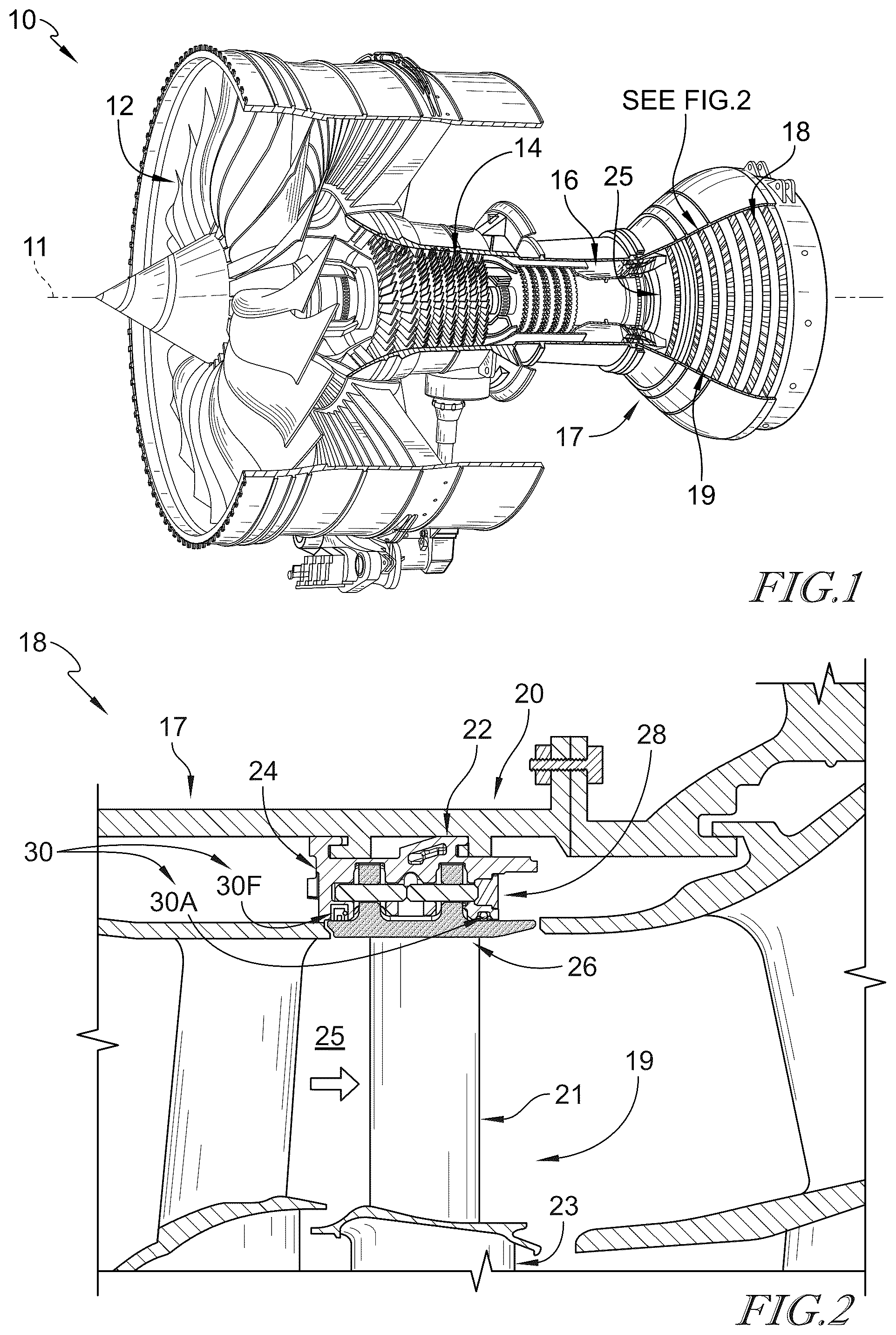 Patent US12410725 Figure 1 – Turbine shroud assemblies with air activated pistons for biasing buffer cavity seals
