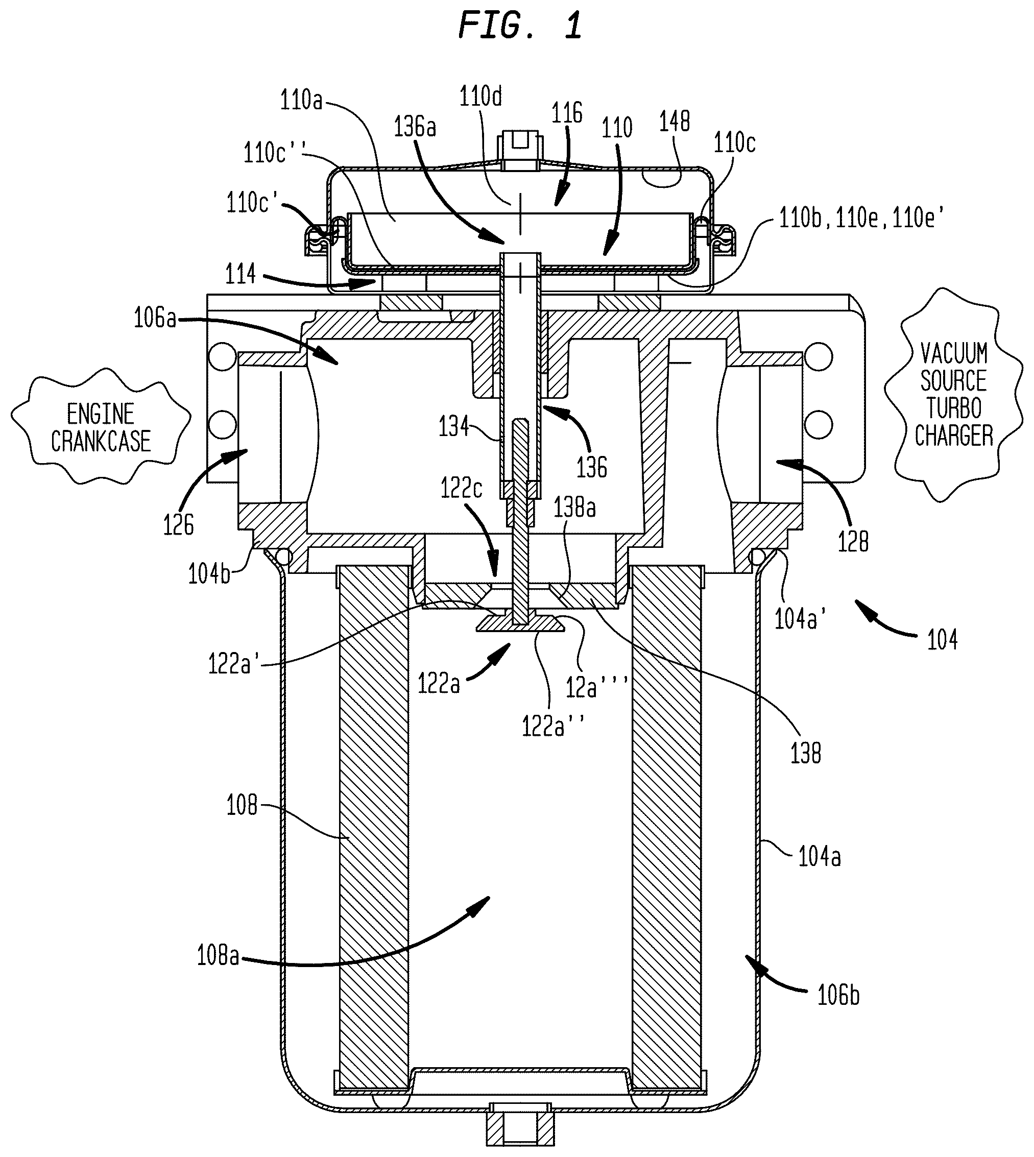 Patent US12410736 Figure 1 – Crankcase pressure regulator having umbrella style valve