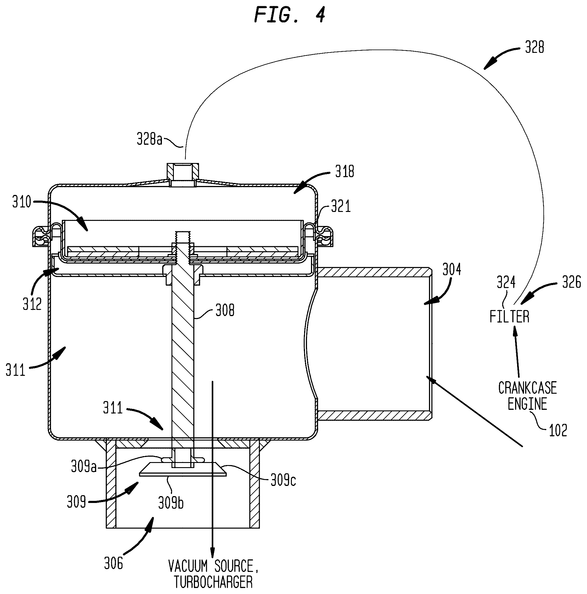 Patent US12410736 Figure 4 – Crankcase pressure regulator having umbrella style valve