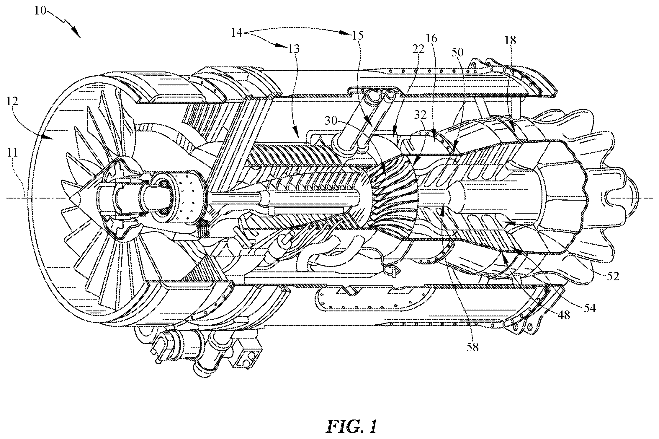 Patent US12410745 — Turbine engine with centrifugal compressor having impeller backplate offtake — Figure 1