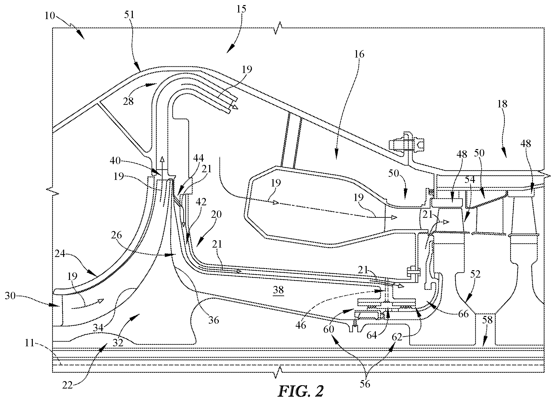 Patent US12410745 Figure 2 – Turbine engine with centrifugal compressor having impeller backplate offtake