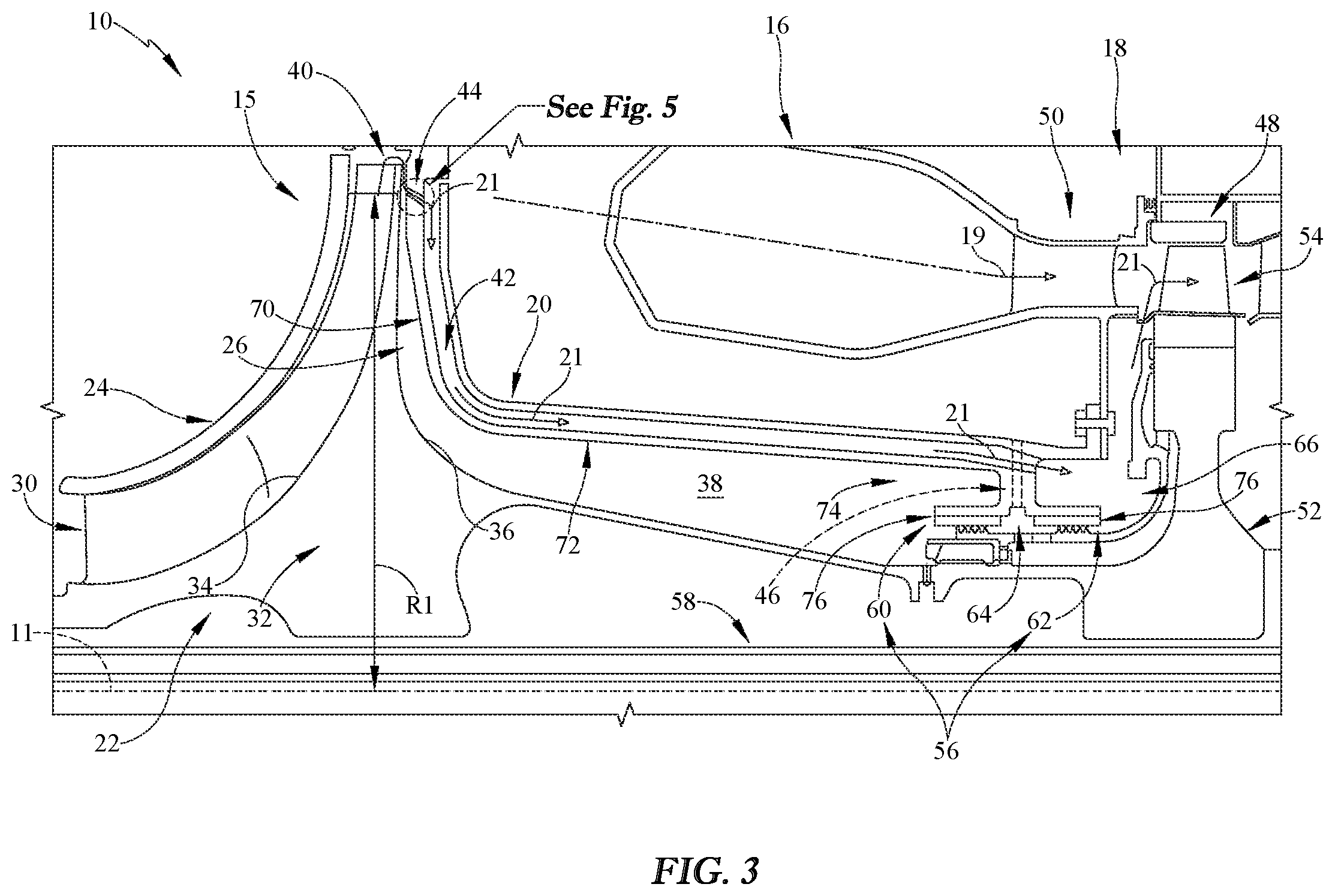 Patent US12410745 Figure 3 – Turbine engine with centrifugal compressor having impeller backplate offtake