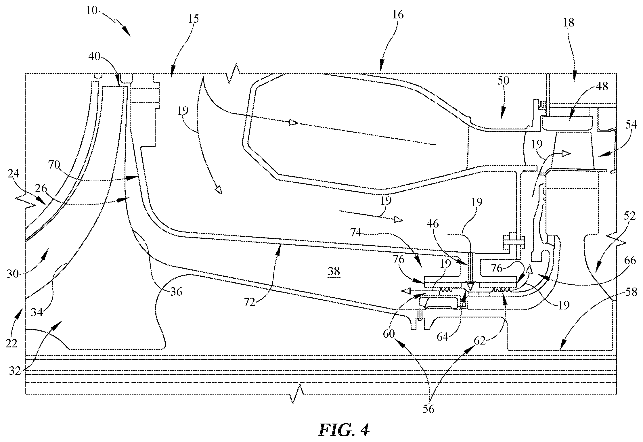 Patent US12410745 Figure 4 – Turbine engine with centrifugal compressor having impeller backplate offtake