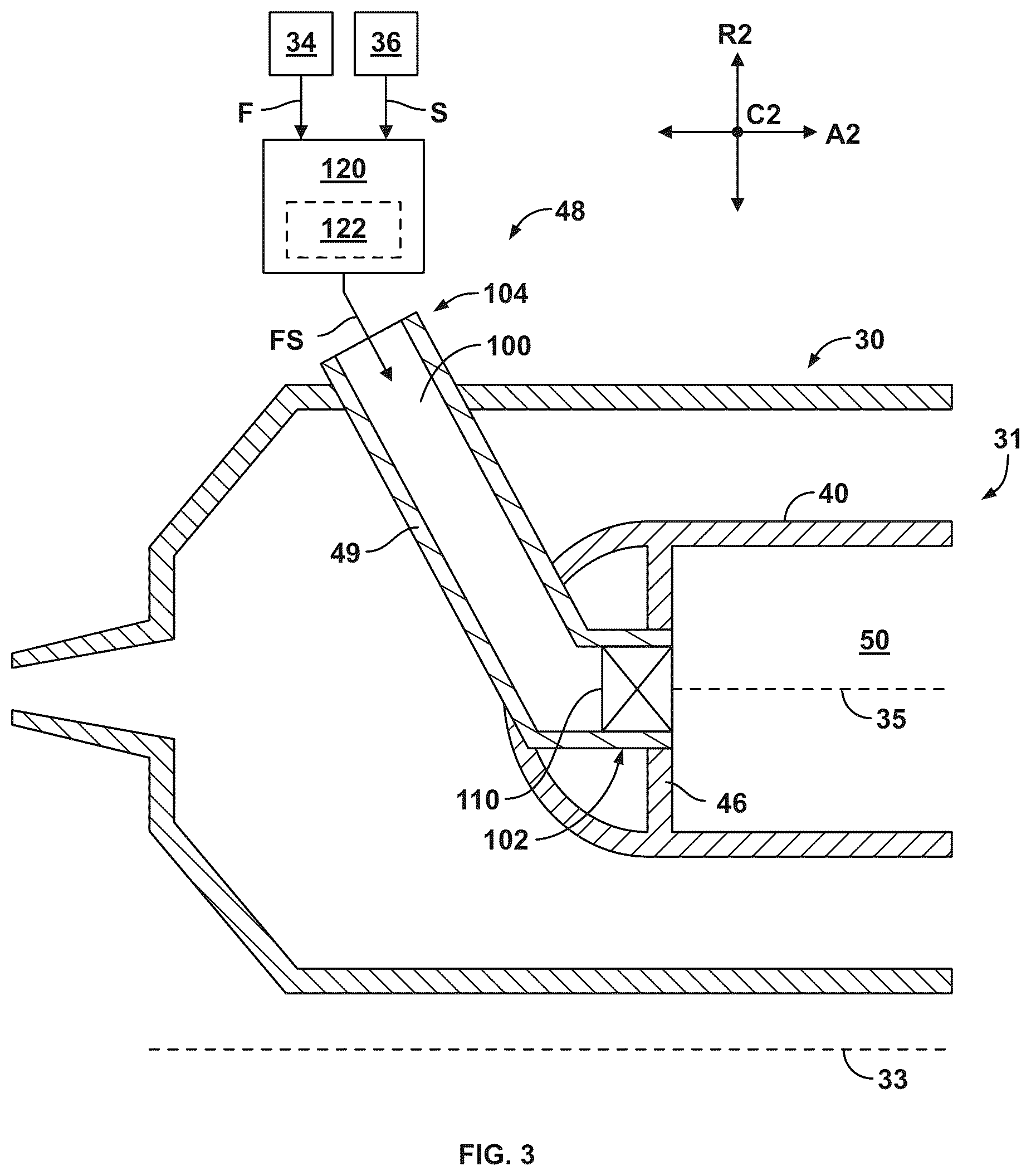 Patent US12410746 Figure 3 – Gas turbine and fuel nozzle assembly for mixing hydrogen fuel and steam to control flame speed
