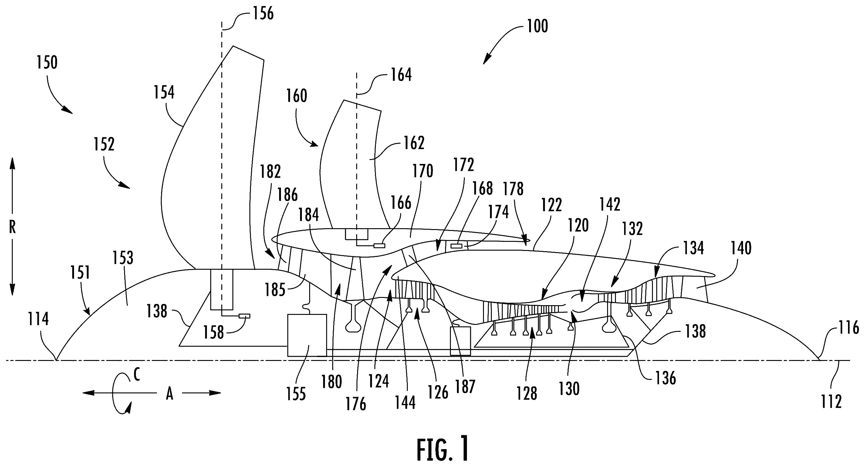 Patent US12410749 Figure 1 – Engine having an open fan with reduced boundary layer induced distortion